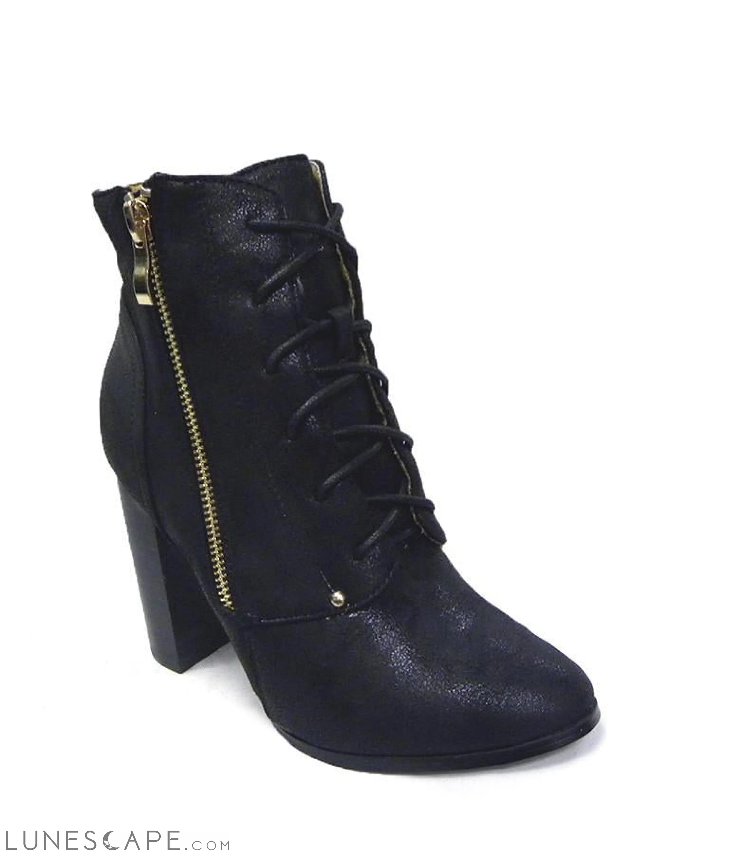OLYGMALA Lace Up Zip Side Block Heel Black Ankle Boot LUNESCAPE