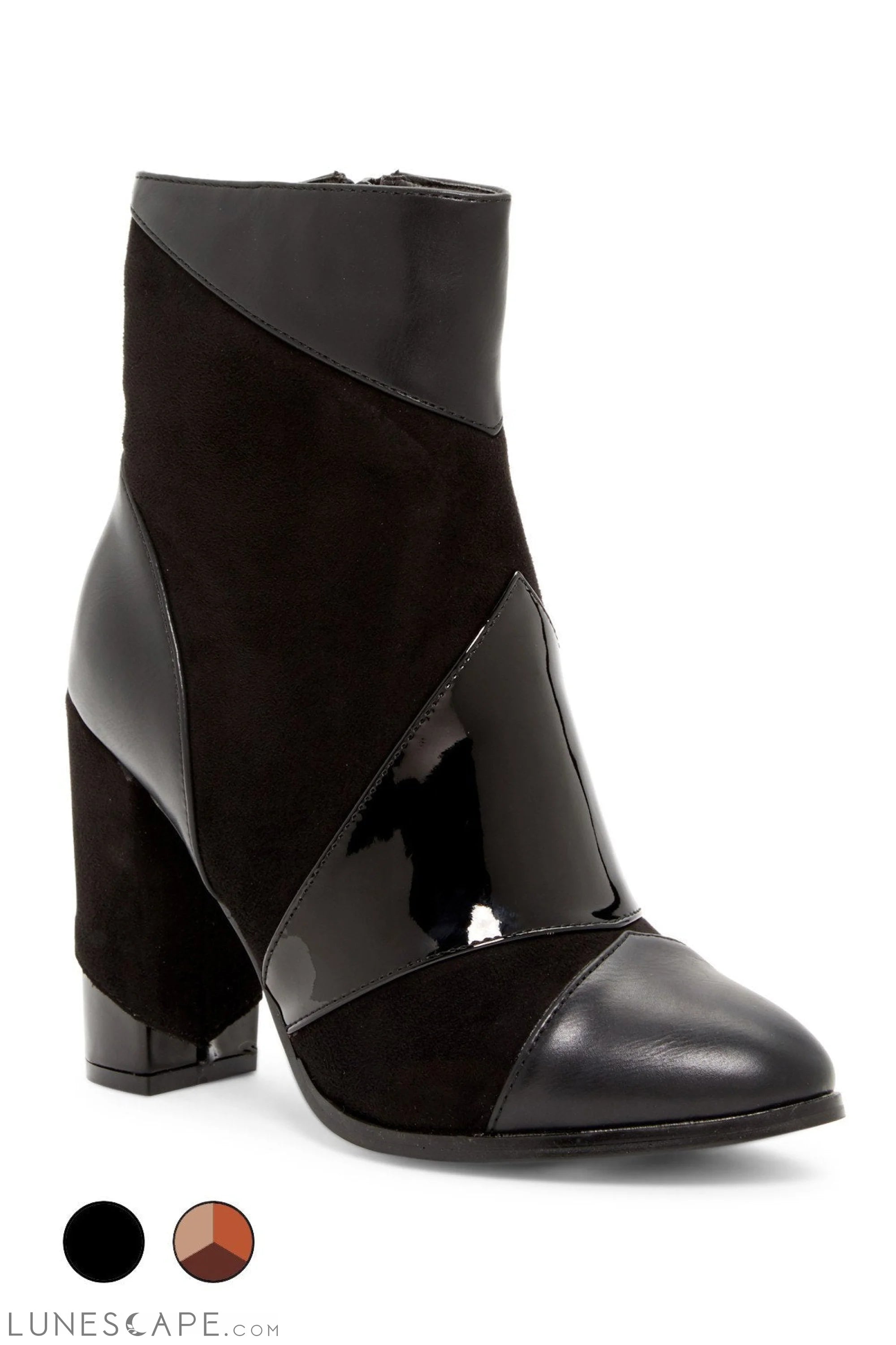 OLYGPATCH Block Heeled Patent Cap-Toe Ankle Boot LUNESCAPE