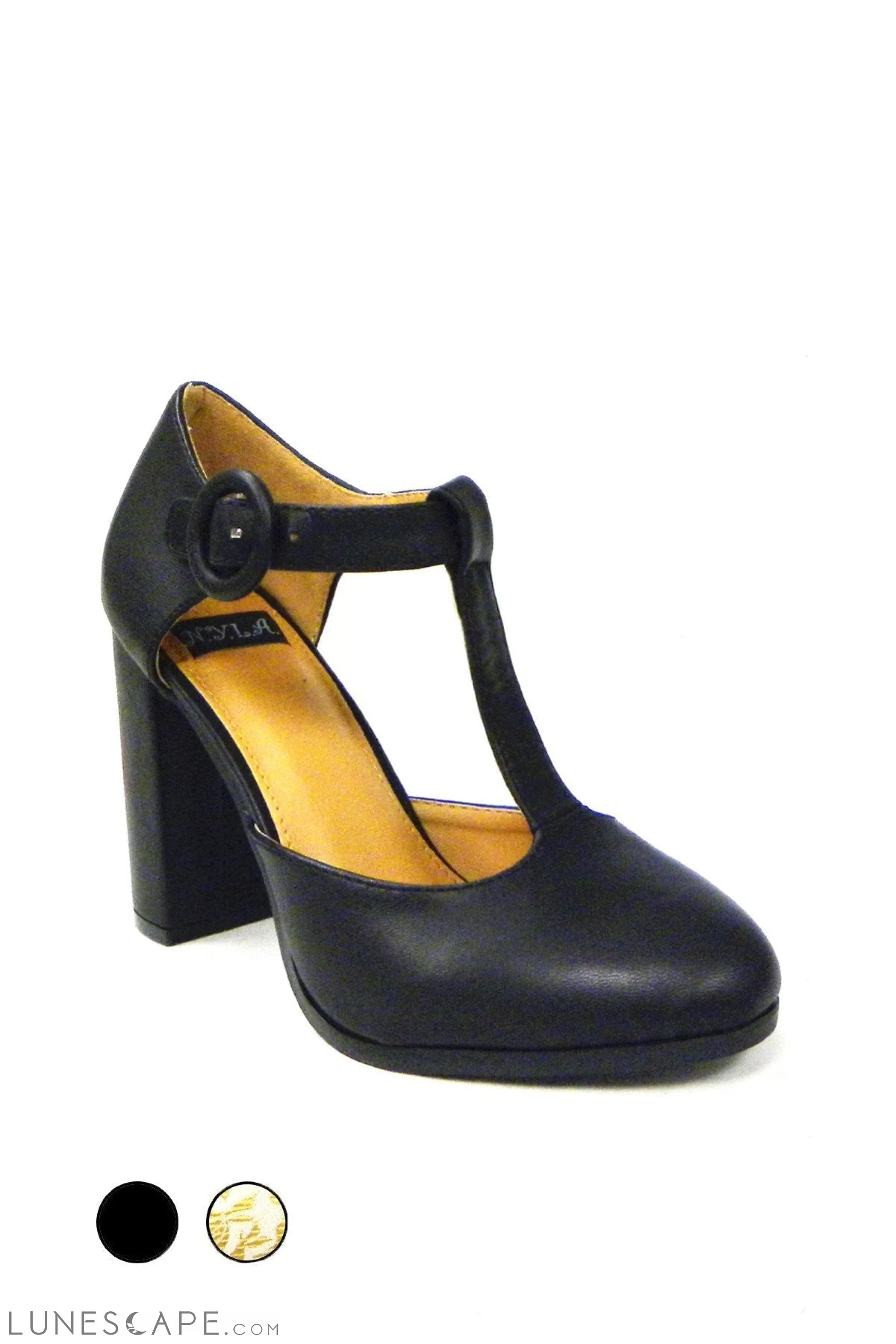 OLYSING T-Strap Mary Jane Jacquard Block Heel Pump LUNESCAPE