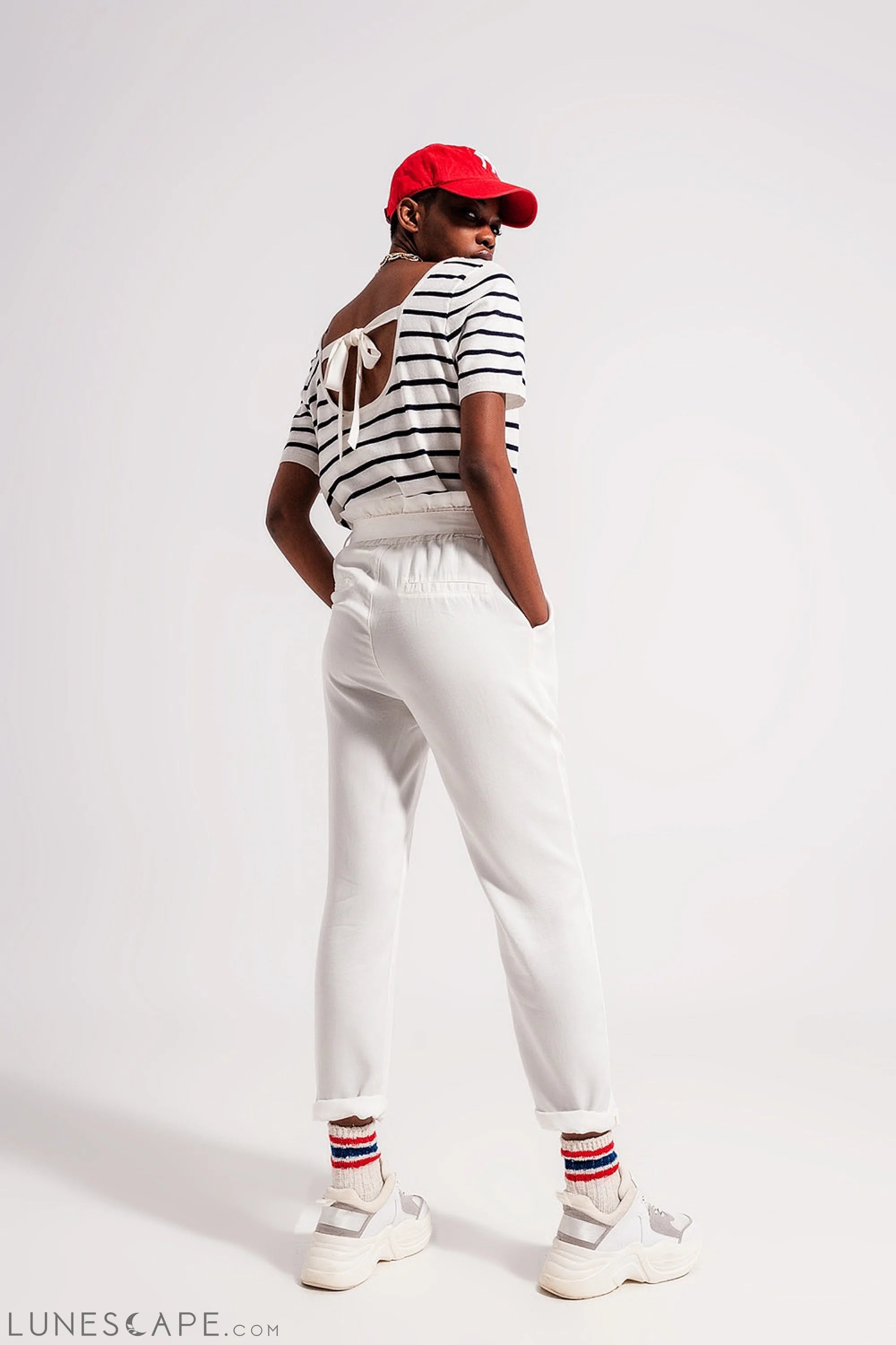 Open Back Lace Up Stripes Jumper in Navy LUNESCAPE