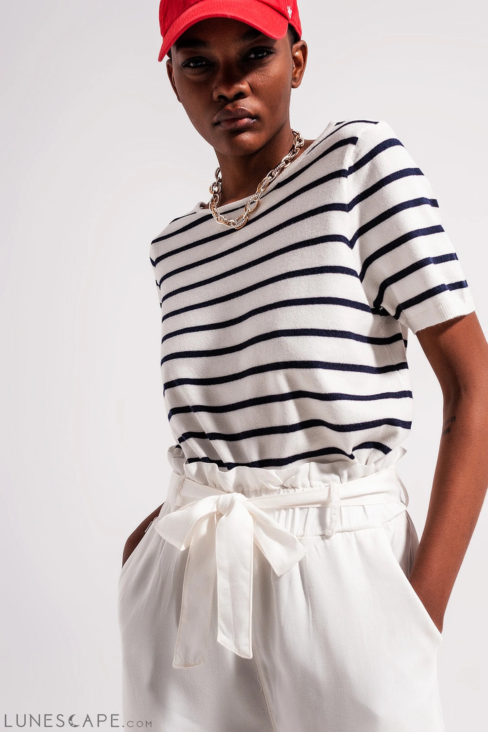 Open Back Lace Up Stripes Jumper in Navy LUNESCAPE