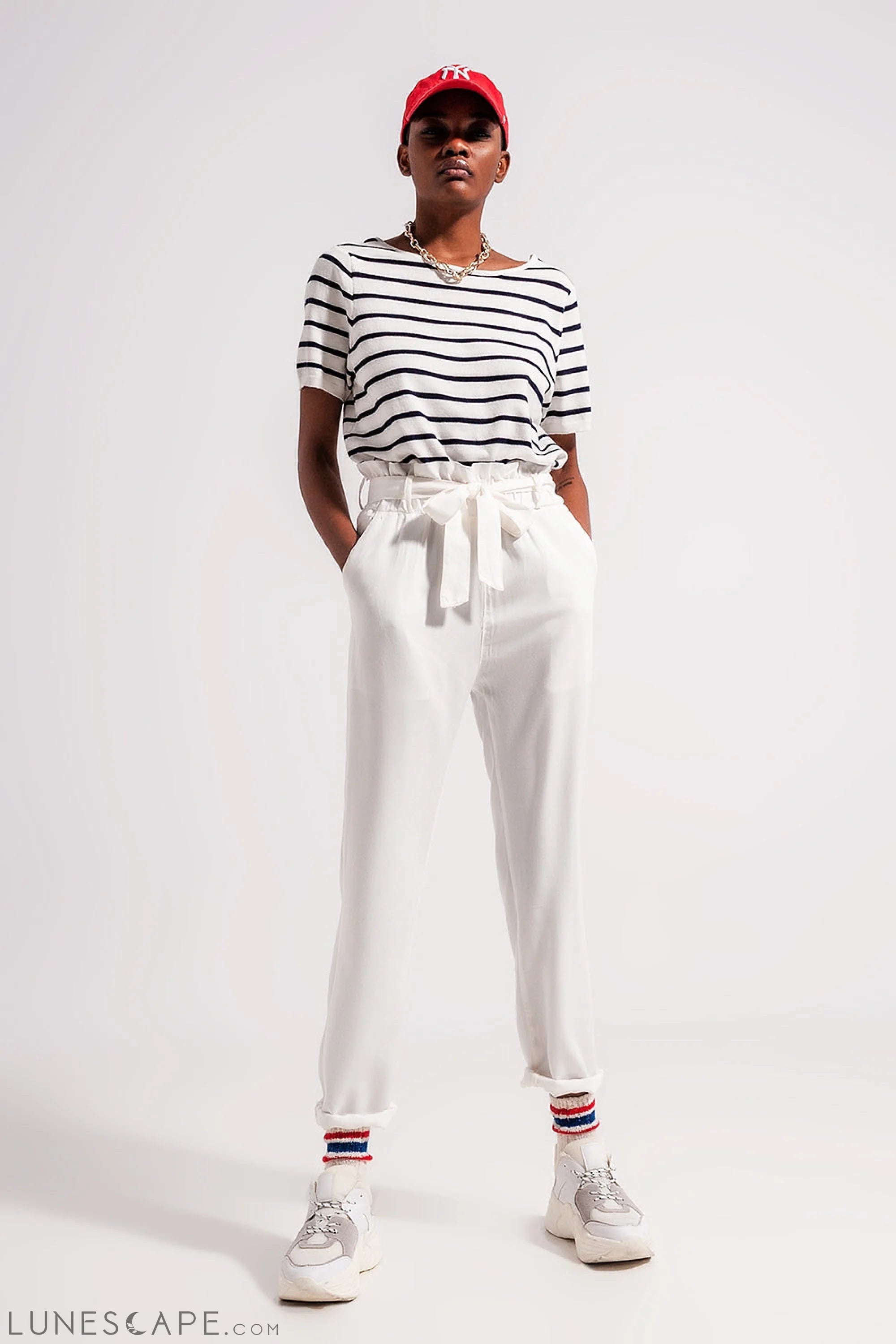 Open Back Lace Up Stripes Jumper in Navy LUNESCAPE