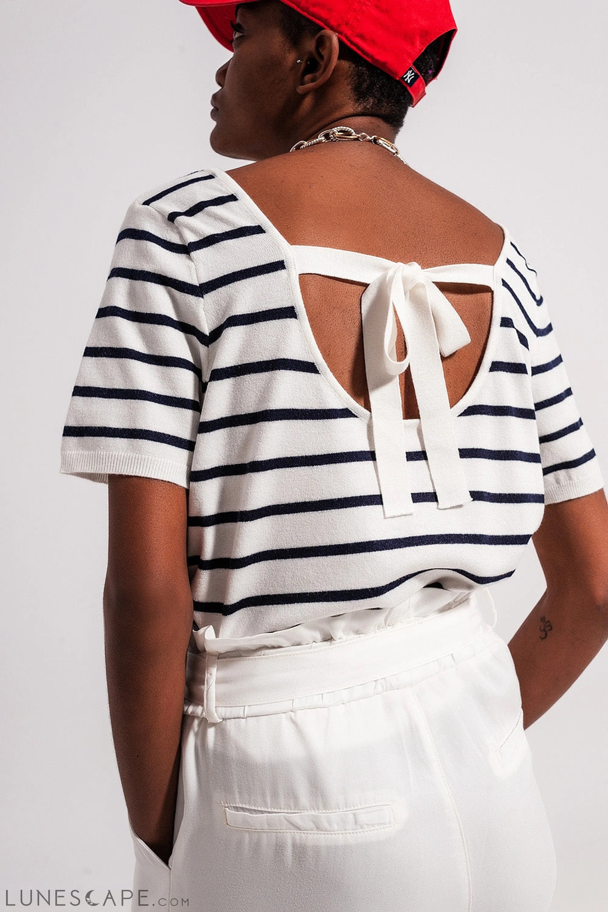 Open Back Lace Up Stripes Jumper in Navy LUNESCAPE