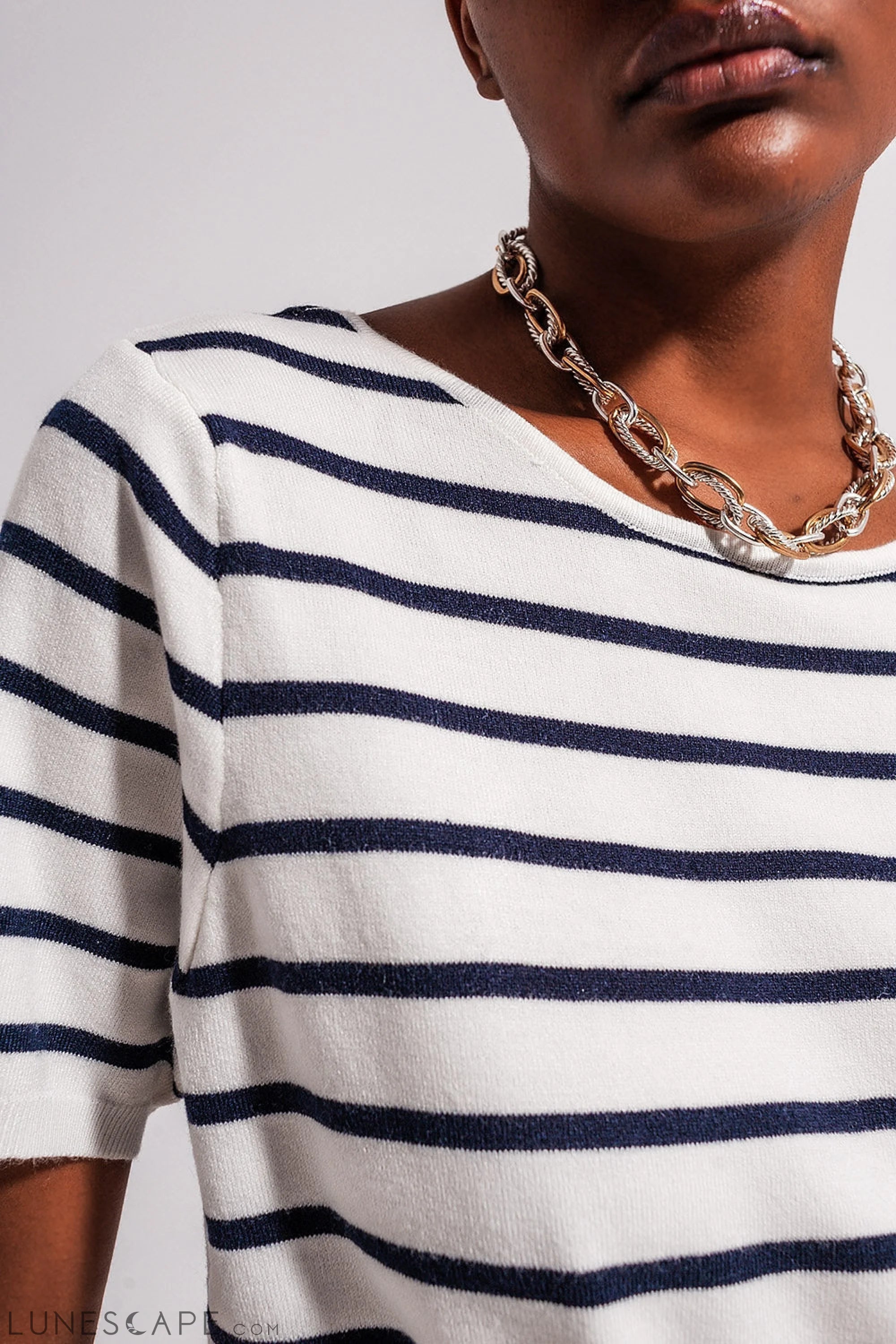Open Back Lace Up Stripes Jumper in Navy LUNESCAPE