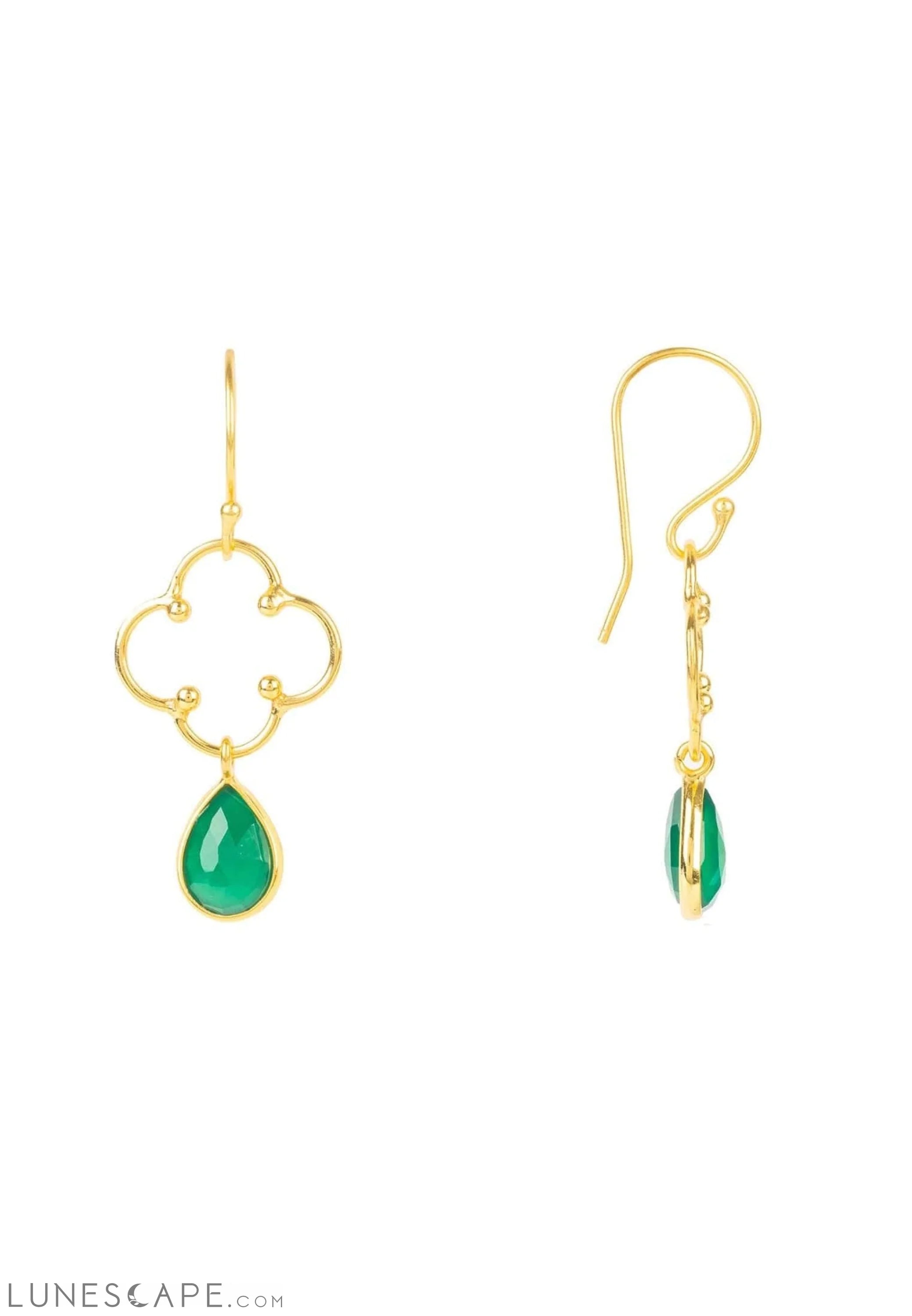 Open Clover Gemstone Drop Earring Gold Green Onyx LUNESCAPE