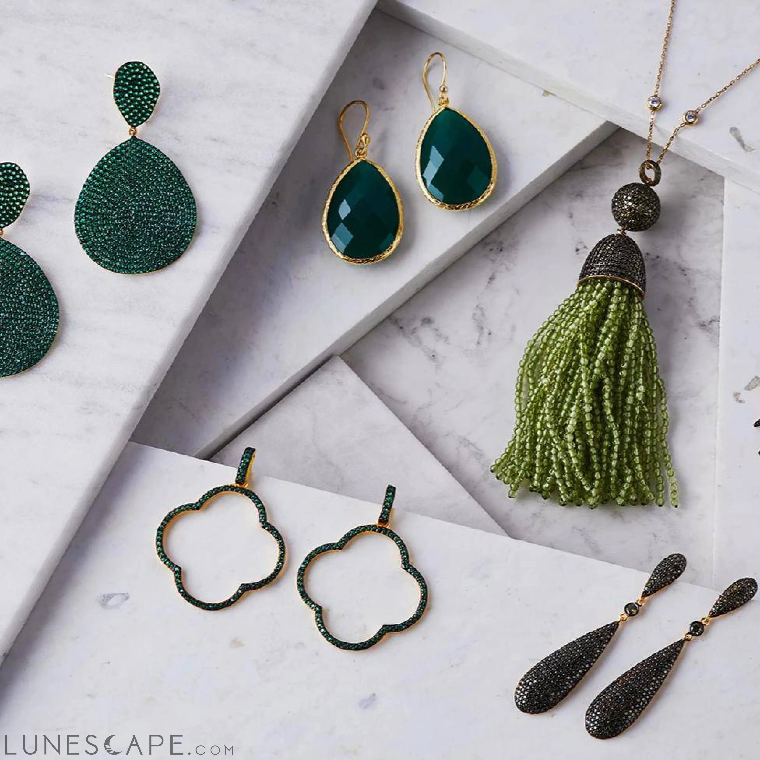 Open Clover Large Drop Earrings Green Gold LUNESCAPE
