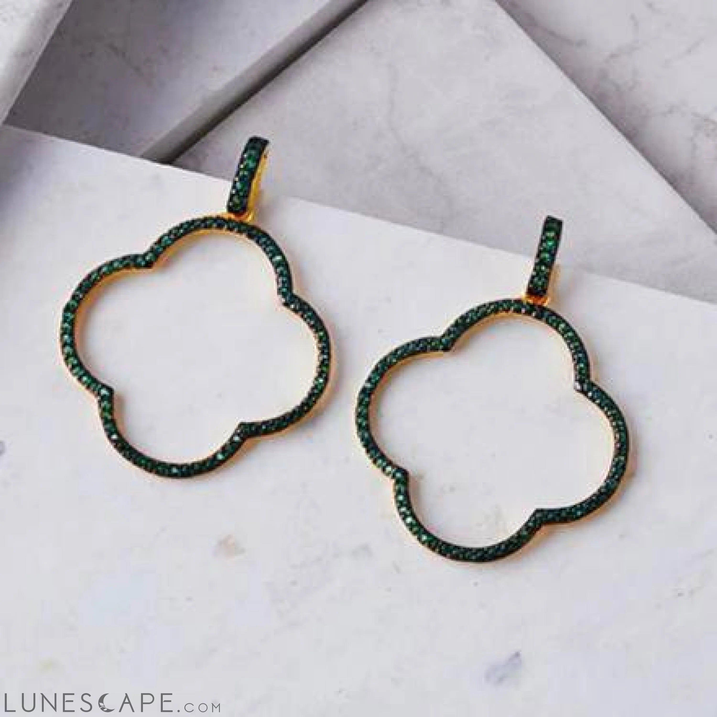Open Clover Large Drop Earrings Green Gold LUNESCAPE