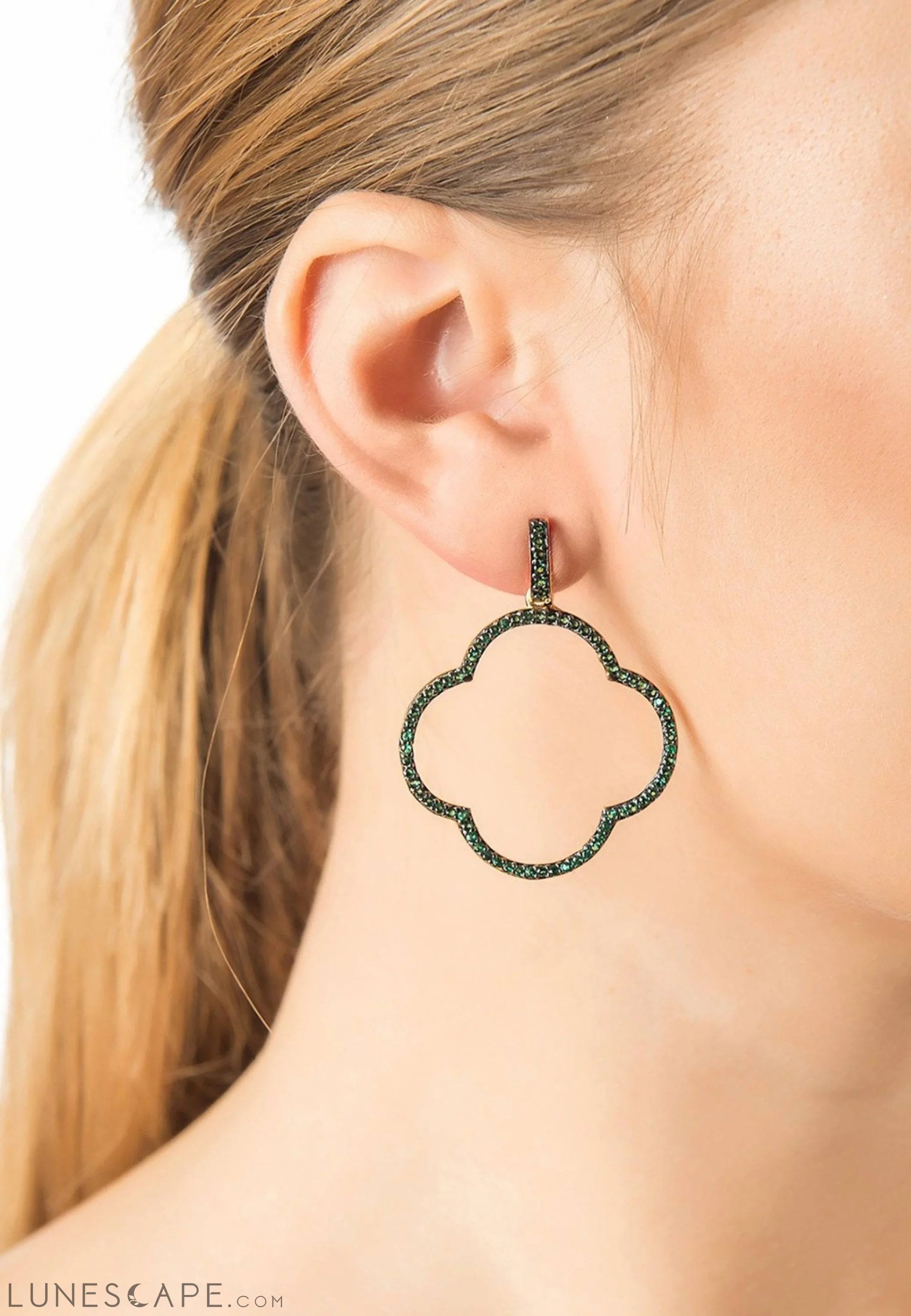 Open Clover Large Drop Earrings Green Gold LUNESCAPE