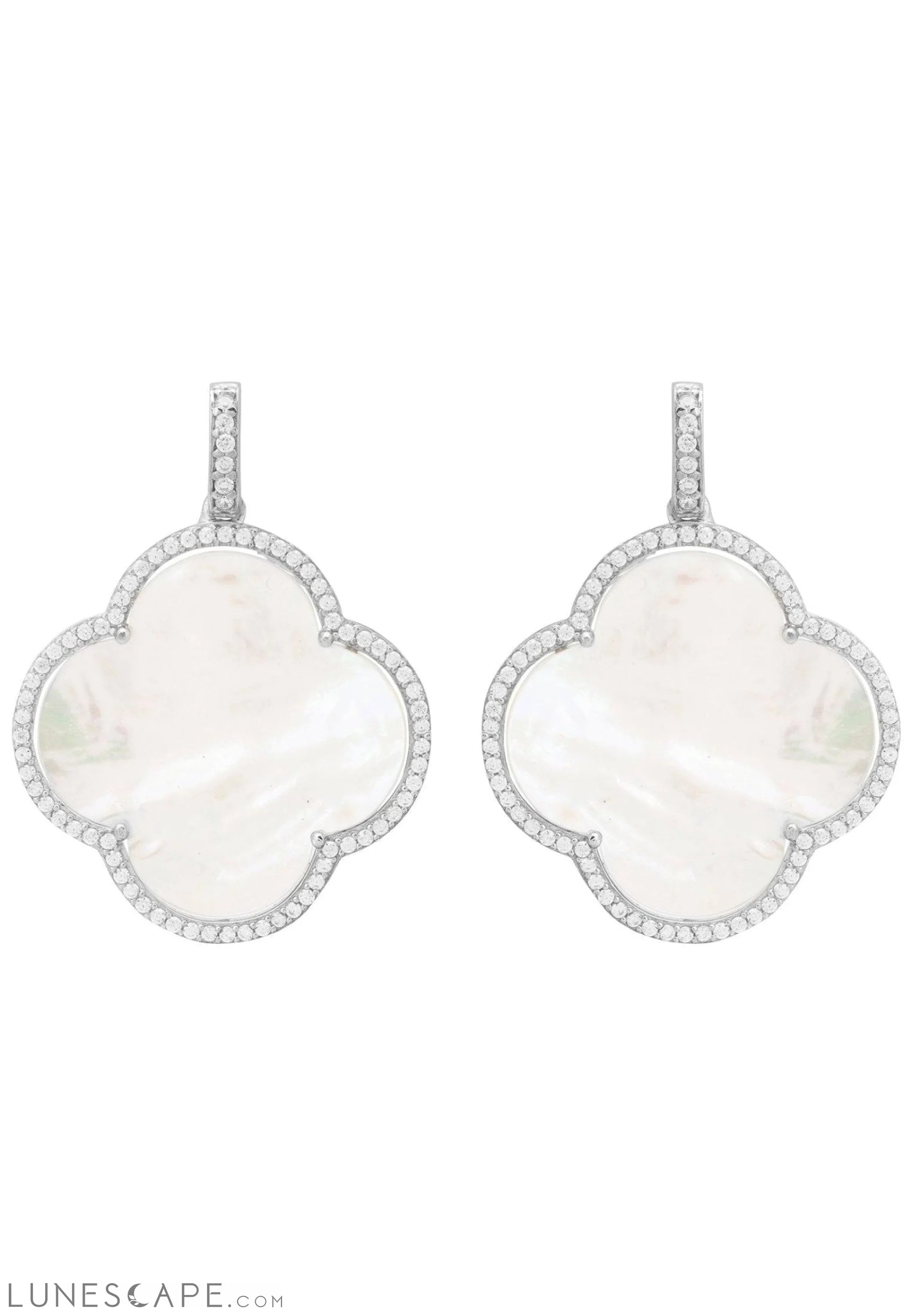 Open Clover Large Mother of Pearl Gemstone Earrings Silver LUNESCAPE