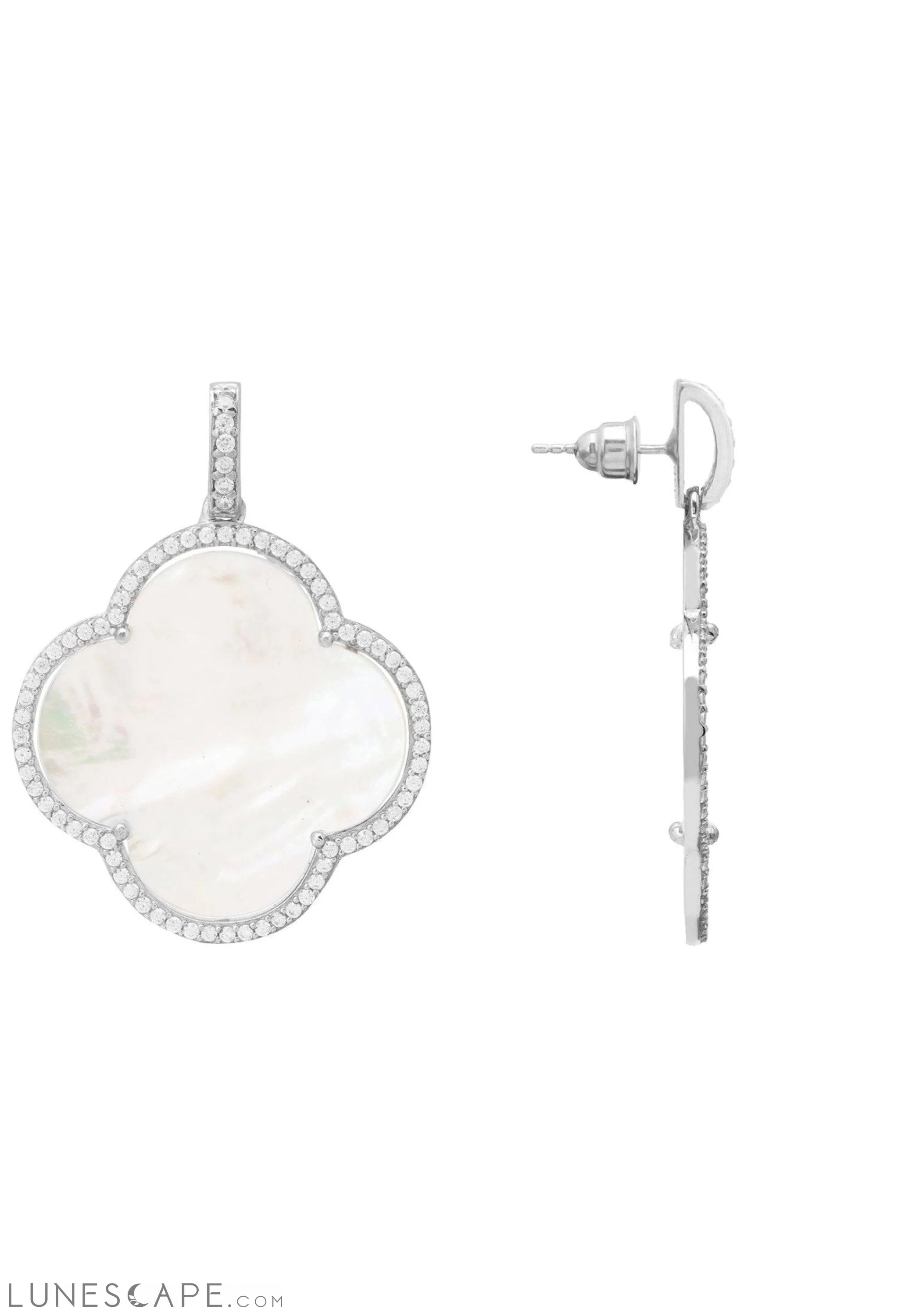 Open Clover Large Mother of Pearl Gemstone Earrings Silver LUNESCAPE