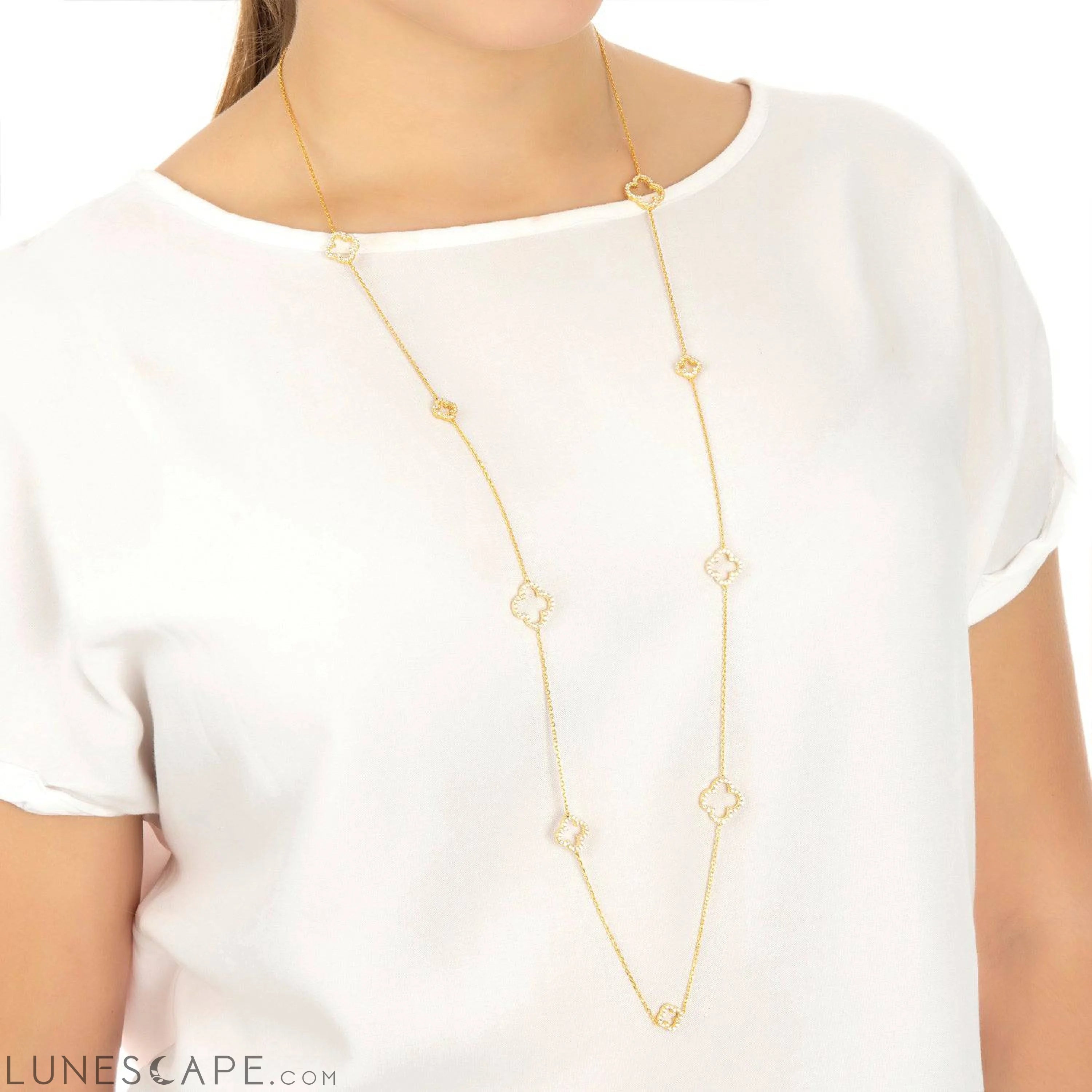 Open Clover Long White Cz Necklace Gold LUNESCAPE
