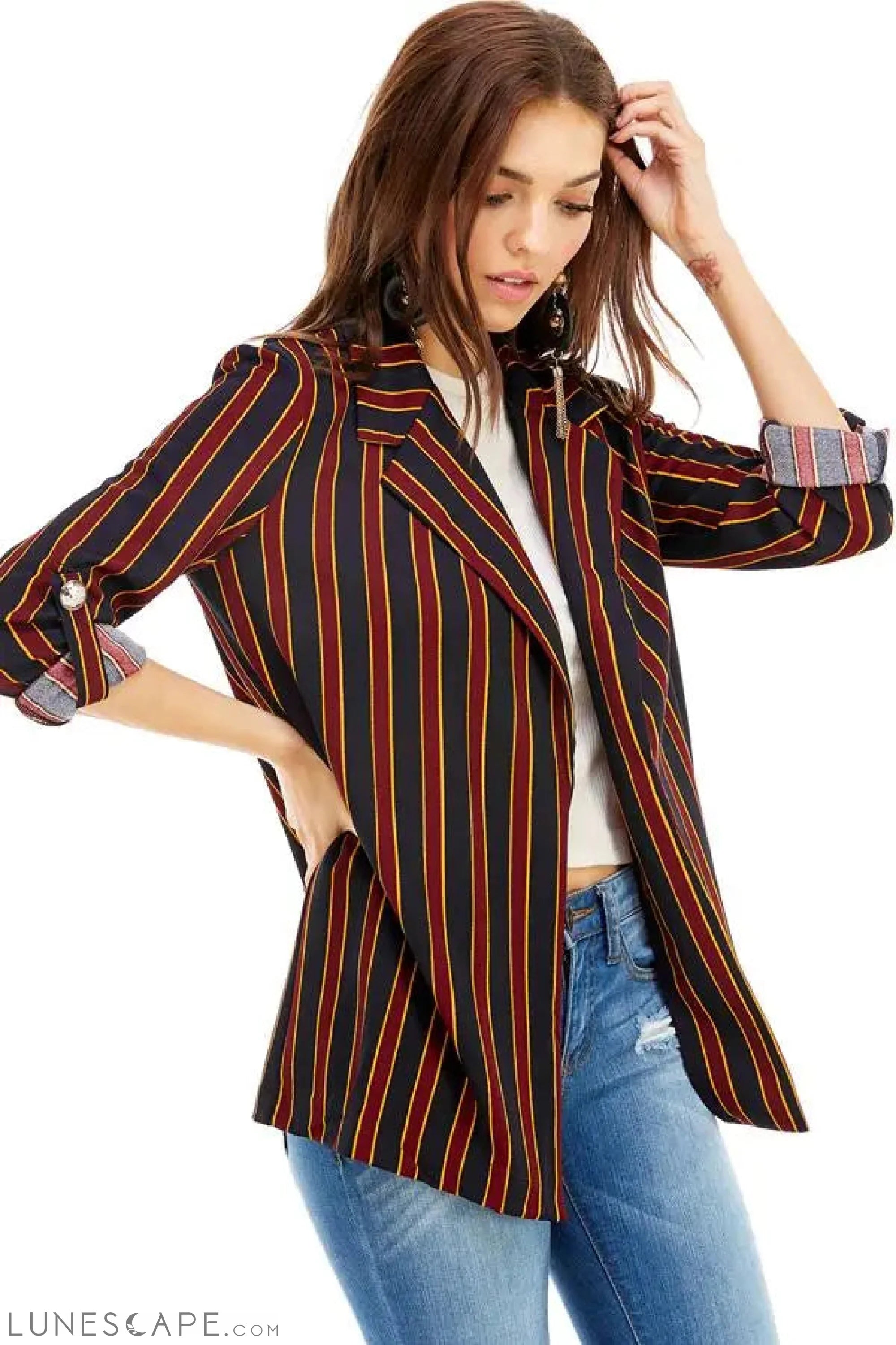 Open Front Striped Blazer LUNESCAPE