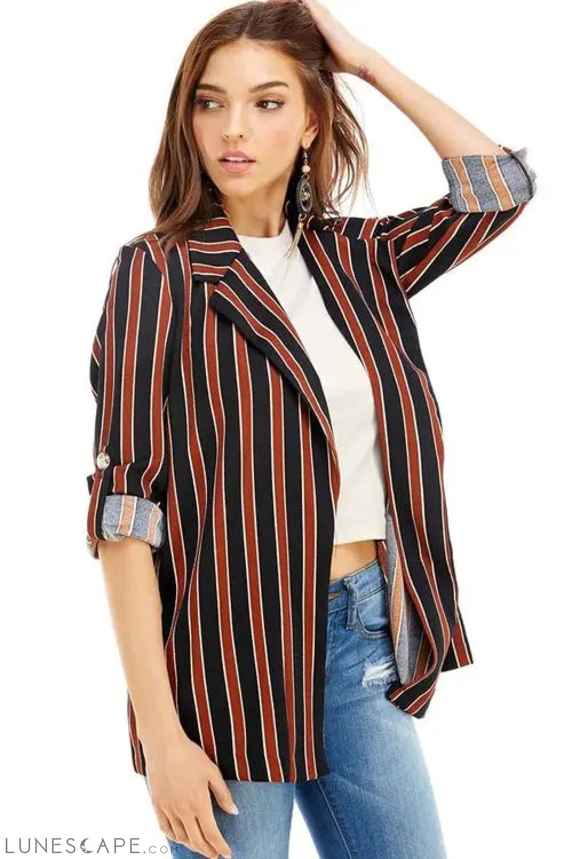 Open Front Striped Blazer LUNESCAPE