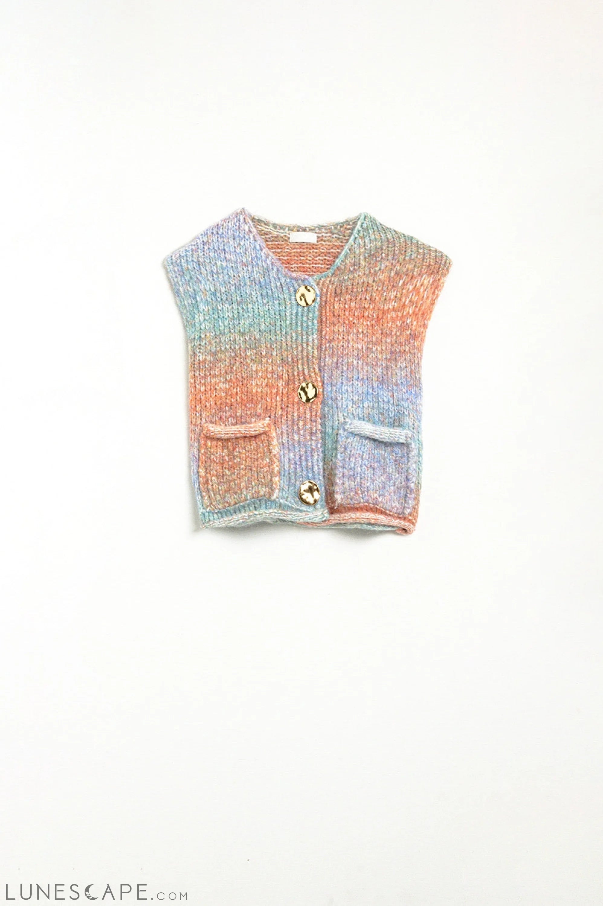 Orange Gradient Knitted Vest With Gold Buttons LUNESCAPE