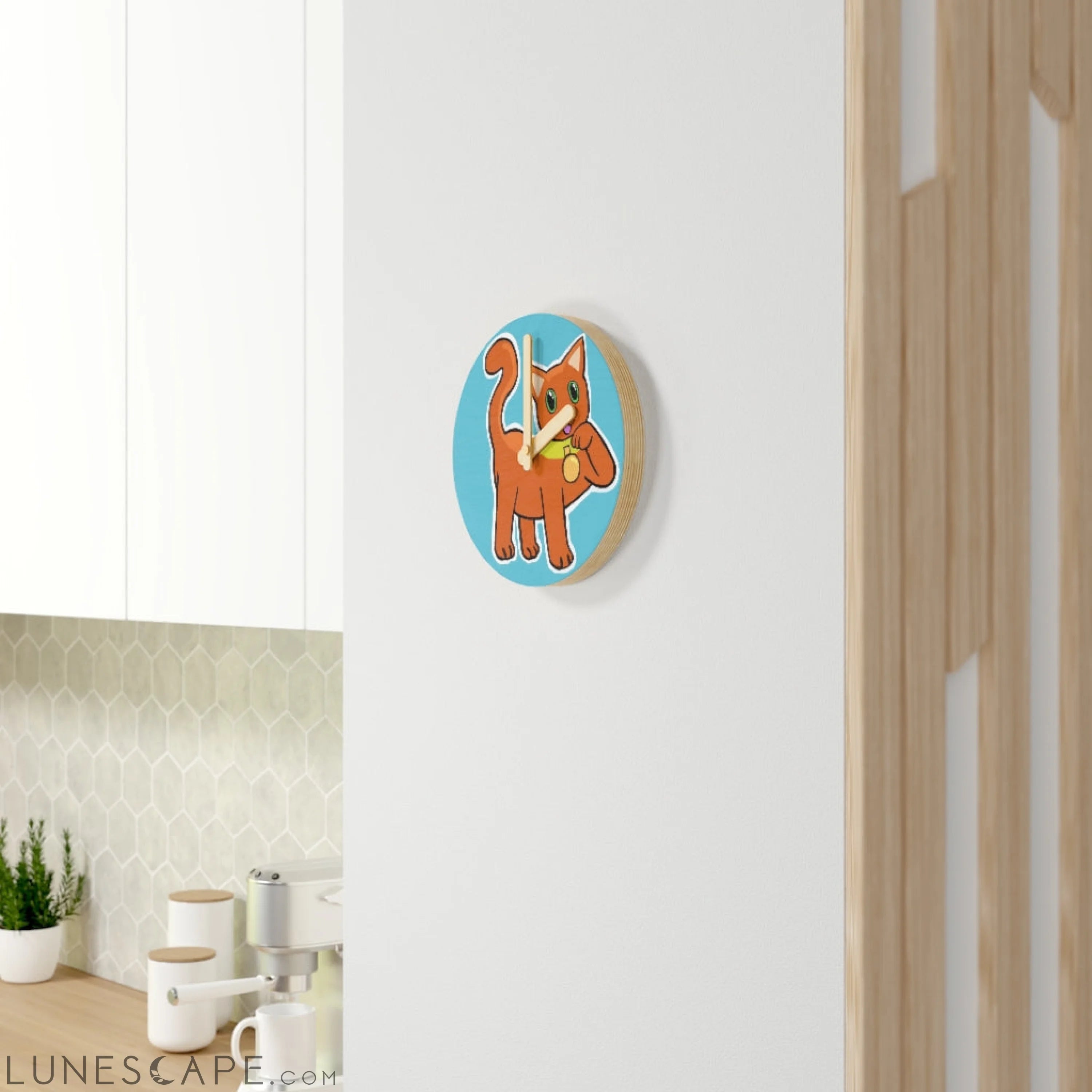 Orange Kitty Wooden Wall Clock LUNESCAPE