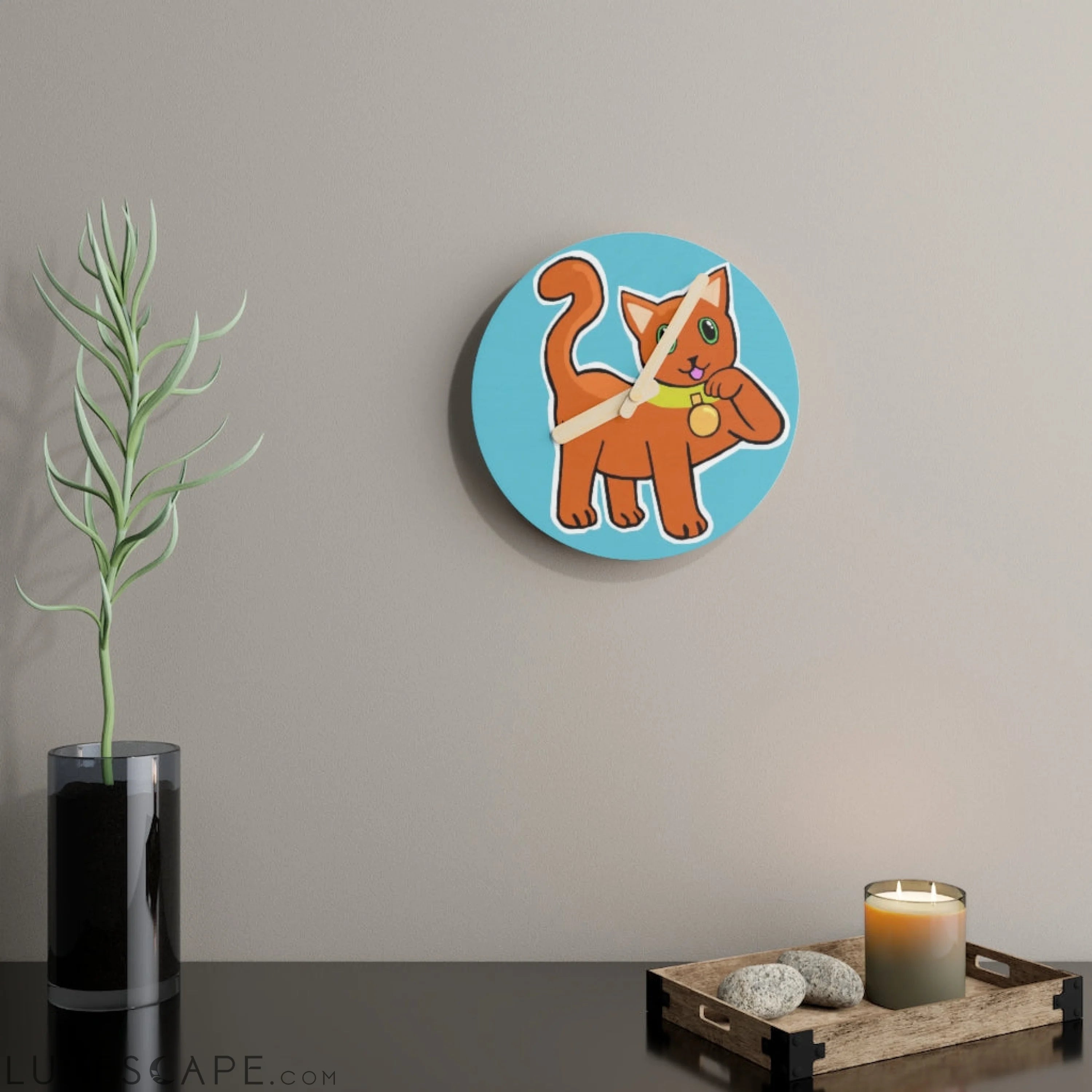 Orange Kitty Wooden Wall Clock LUNESCAPE