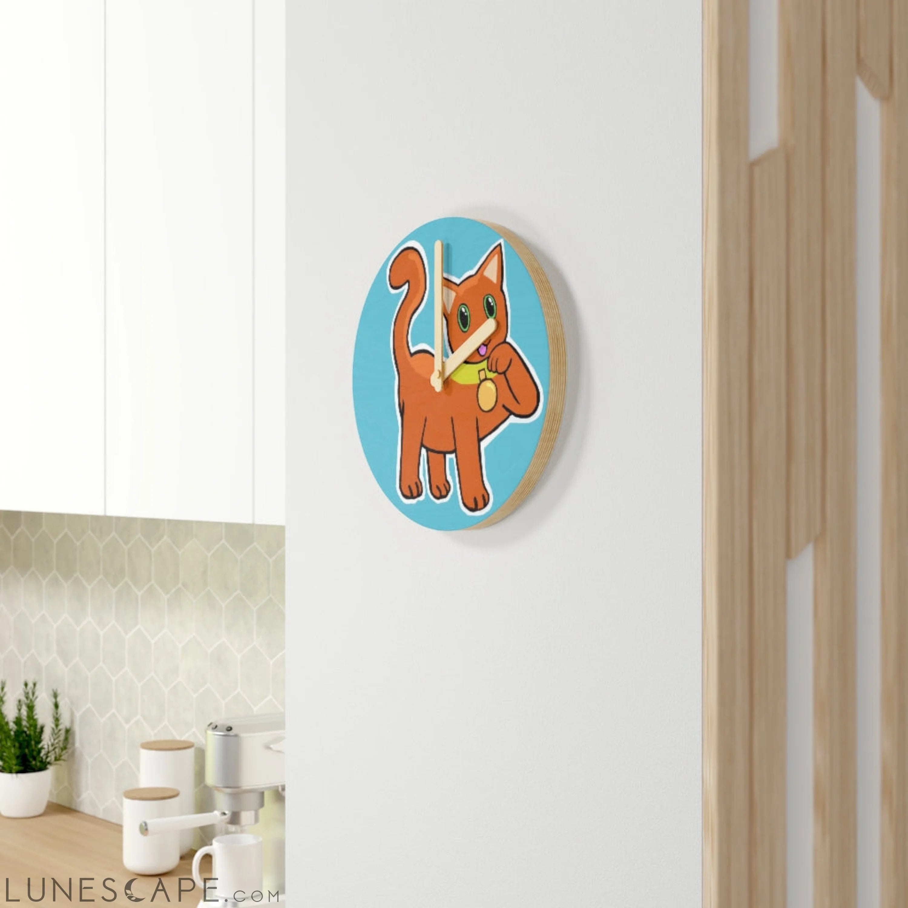 Orange Kitty Wooden Wall Clock LUNESCAPE