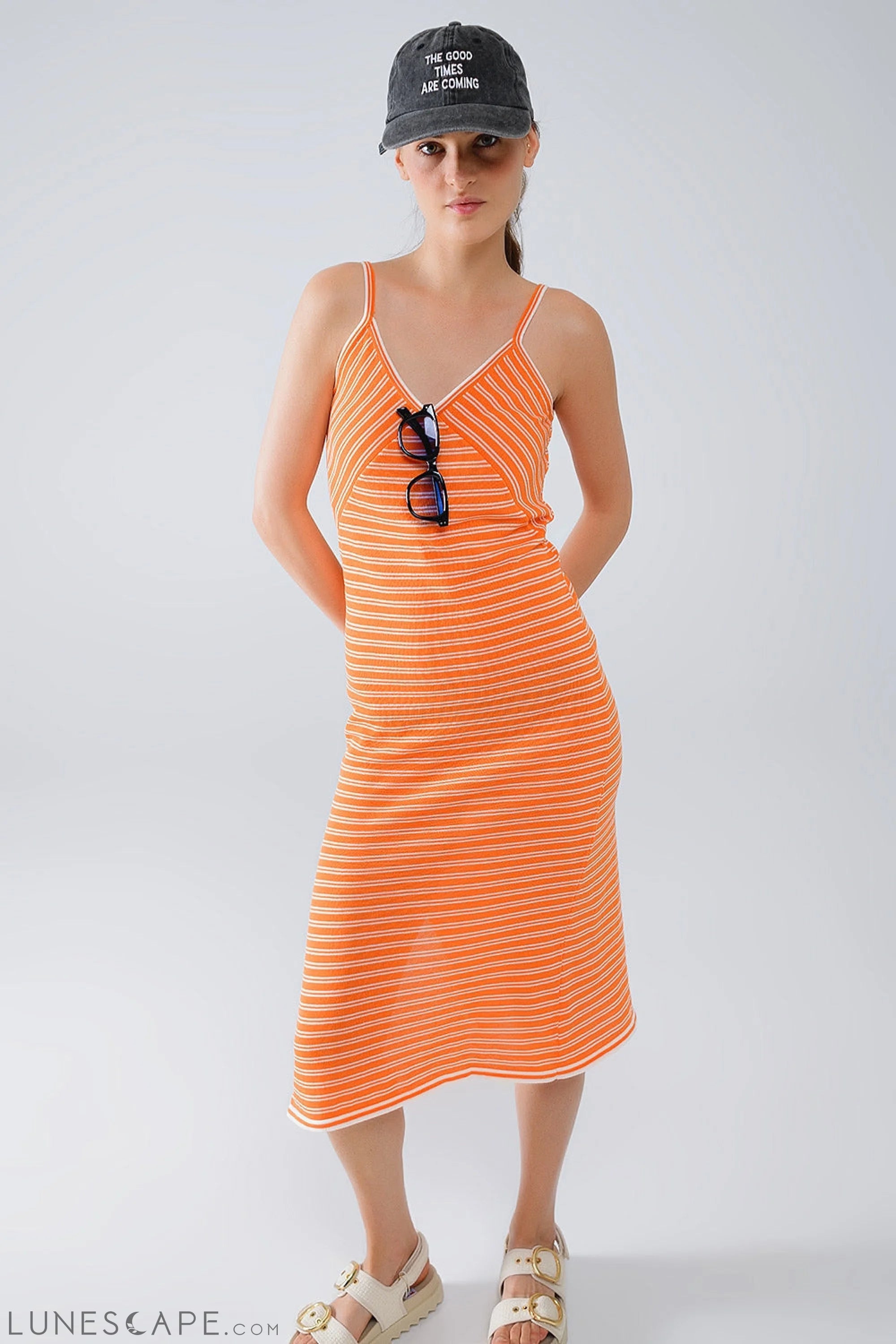 Orange Midi Dress With Stripes and Spaghetti Straps LUNESCAPE