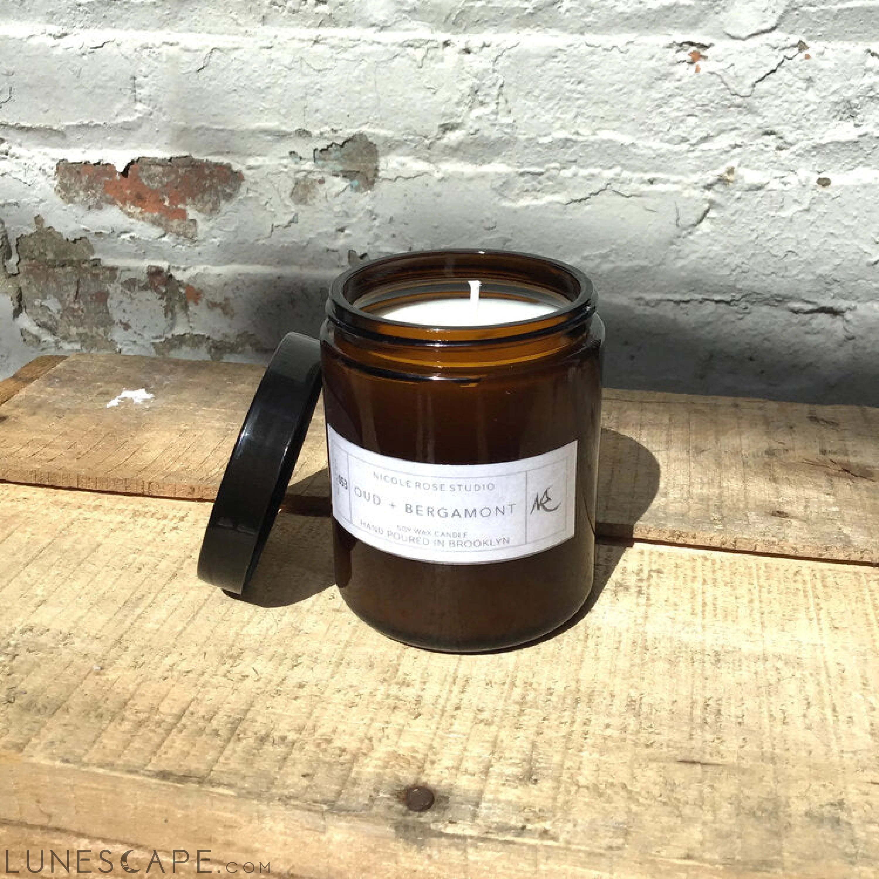 Oud + Bergamot Scented Soy Wax Candle LUNESCAPE