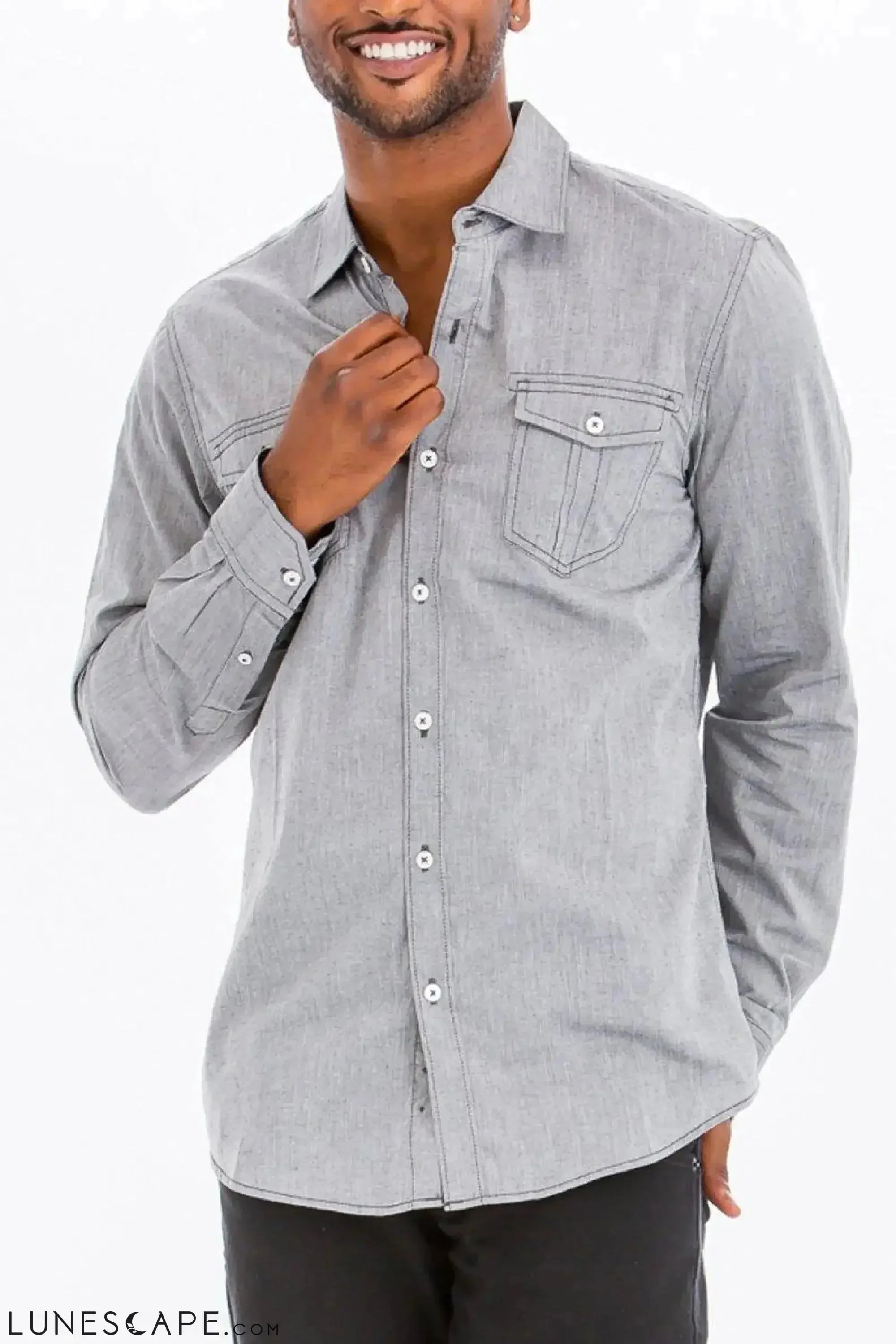 OUTLINE STITCH LONG SLEEVE BUTTON DOWN SHIRT LUNESCAPE