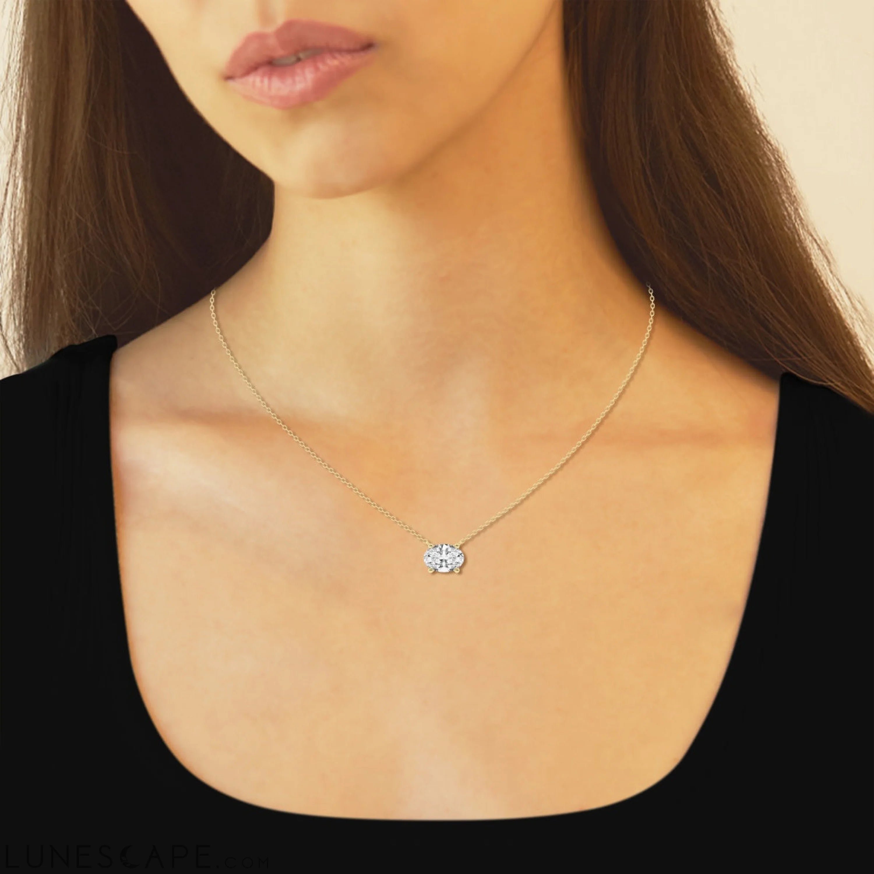 Oval Diamond Solitaire Pendant in White /Yellow LUNESCAPE