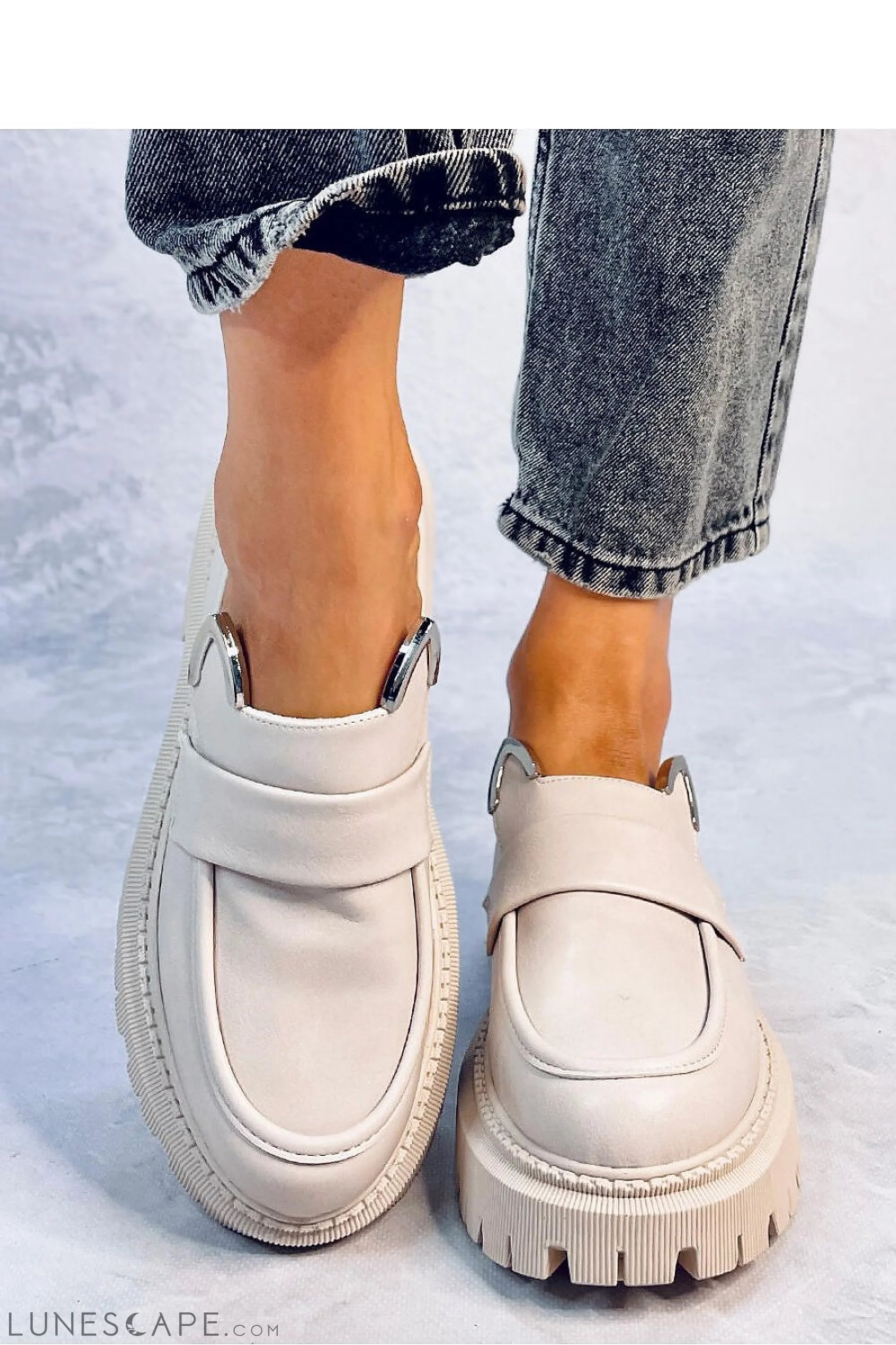 Pale Pink Eco-Leather Loafers for Women – Chunky Lug Sole Slip-On Shoes LUNESCAPE
