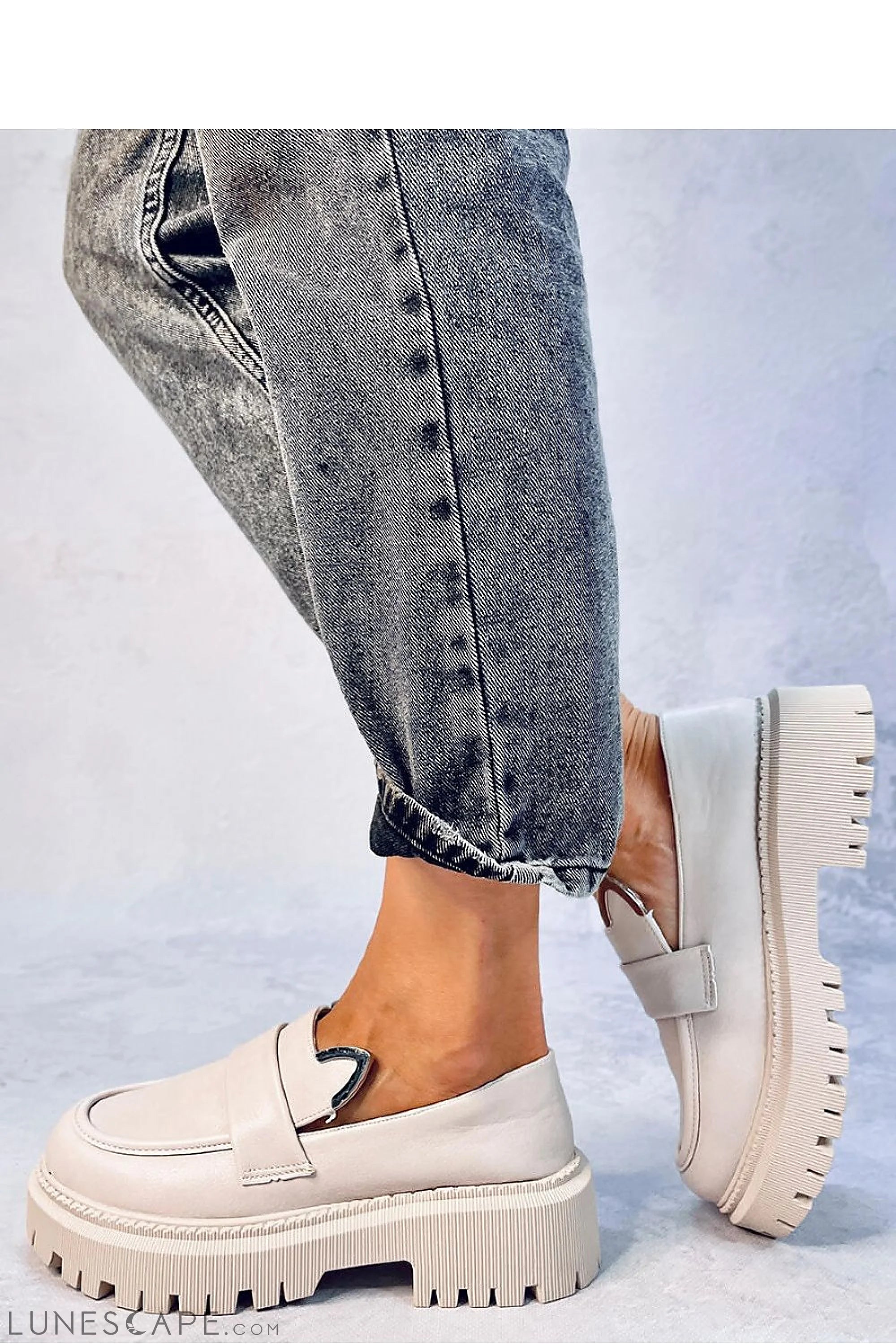 Pale Pink Eco-Leather Loafers for Women – Chunky Lug Sole Slip-On Shoes LUNESCAPE