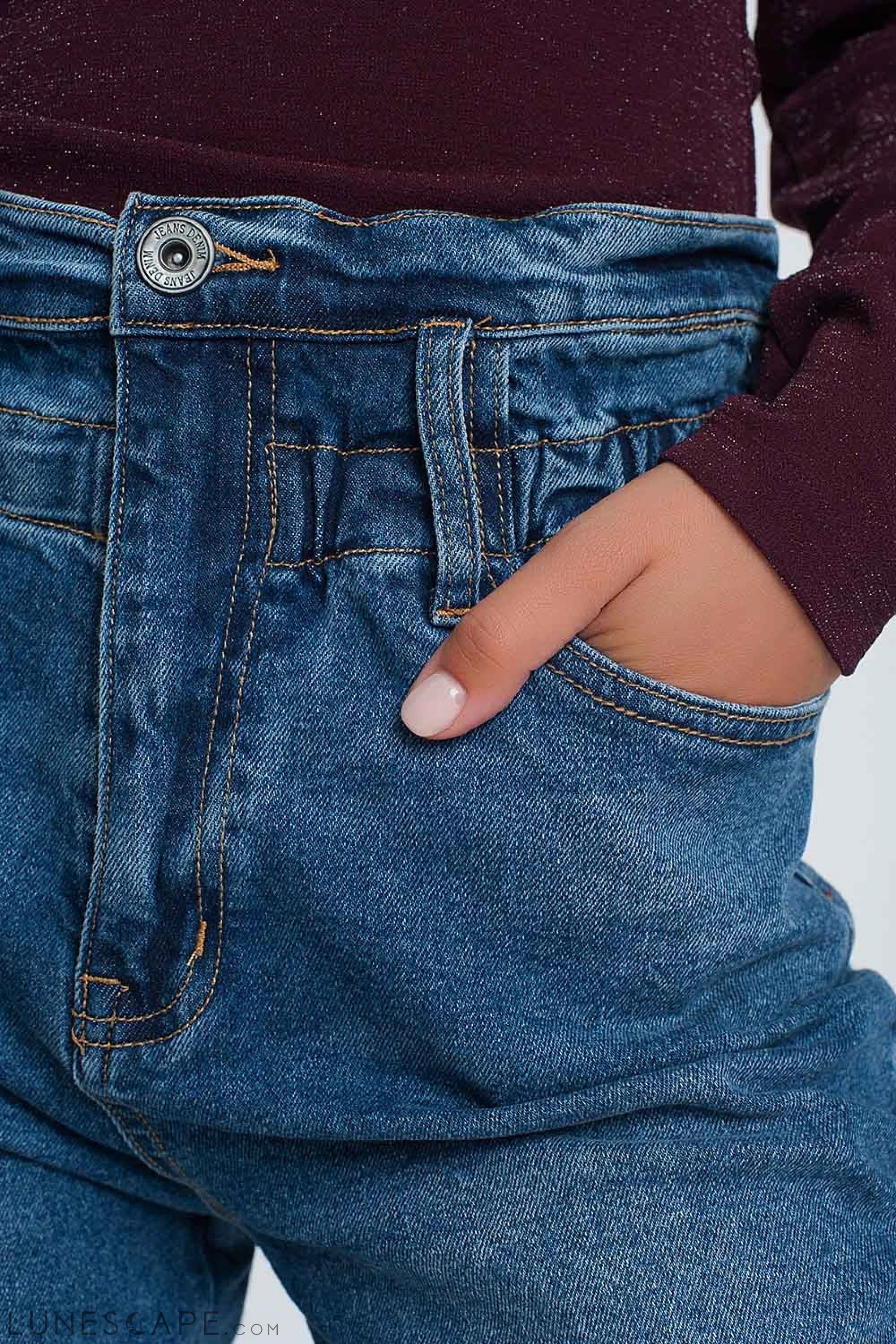 Paper Bag Waist Mom Jean in Dark Wash Blue LUNESCAPE