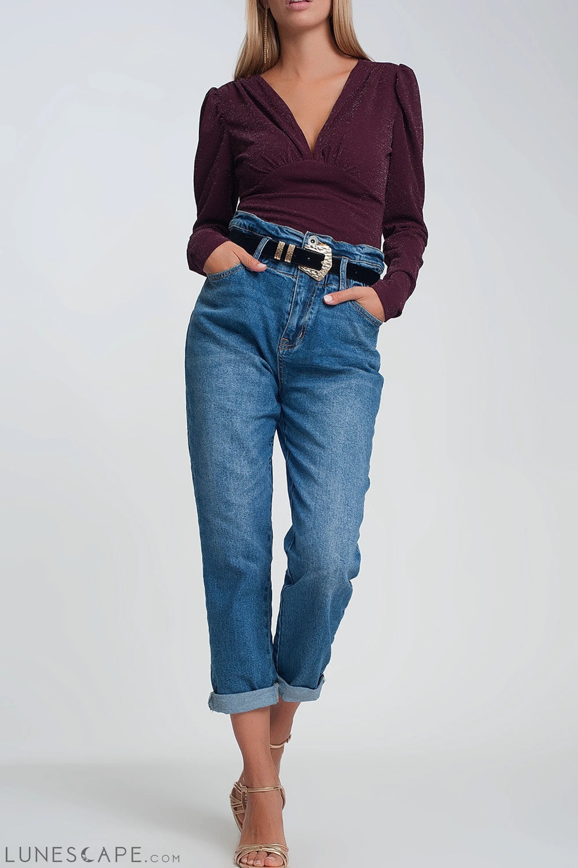 Paper Bag Waist Mom Jean in Dark Wash Blue LUNESCAPE