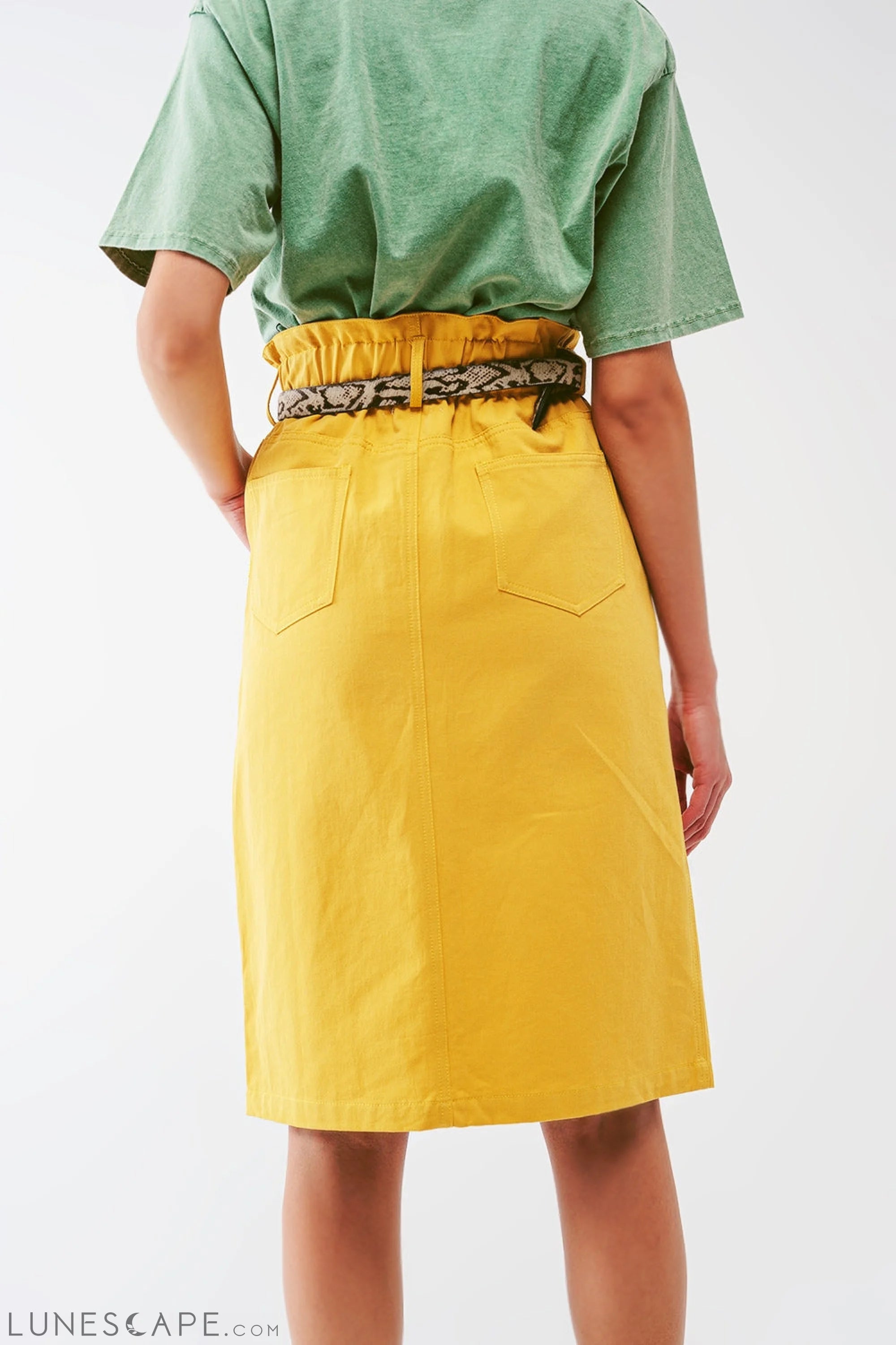 Paper Bag Waist Straight Skirt With Front Slit in Yellow LUNESCAPE