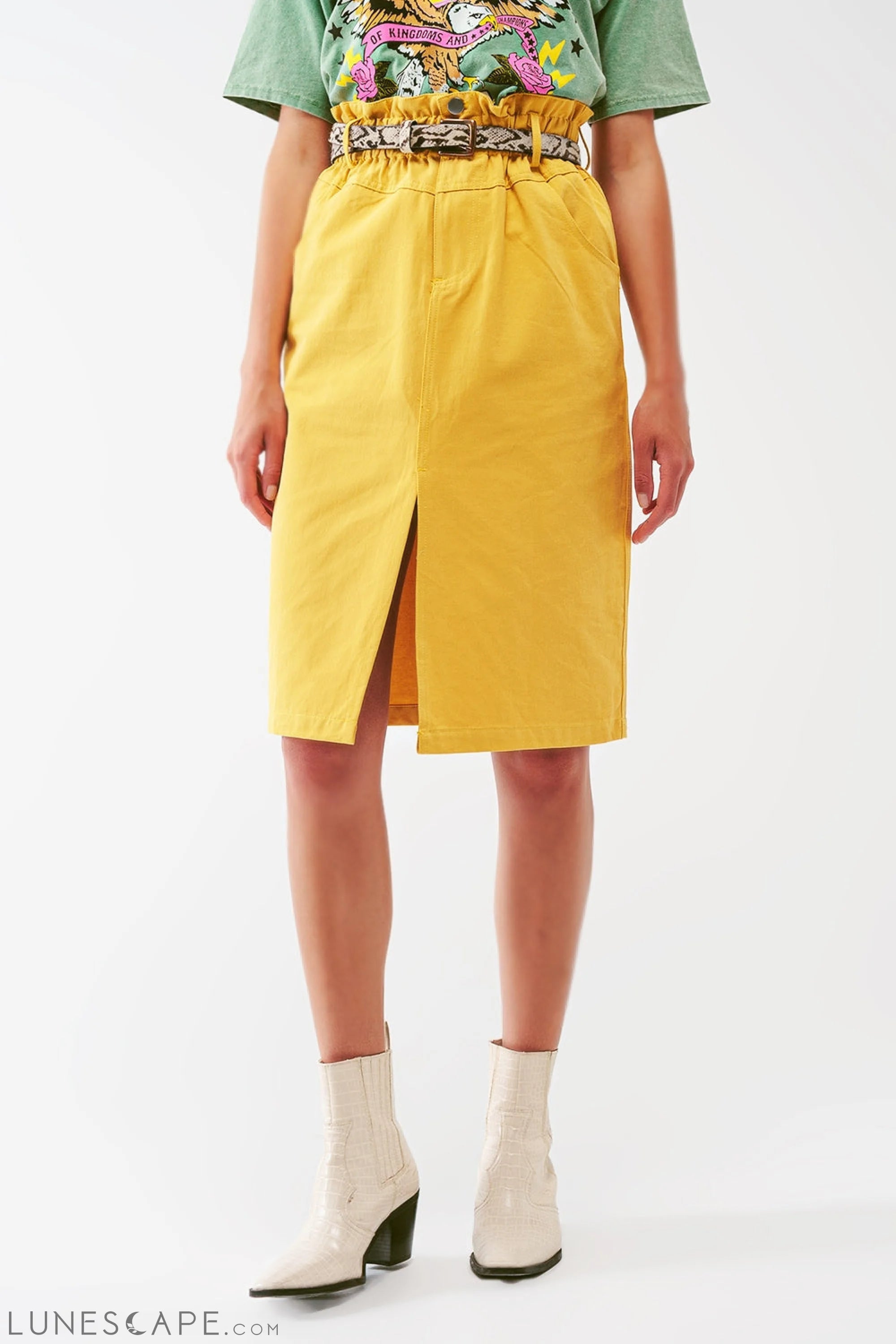 Paper Bag Waist Straight Skirt With Front Slit in Yellow LUNESCAPE