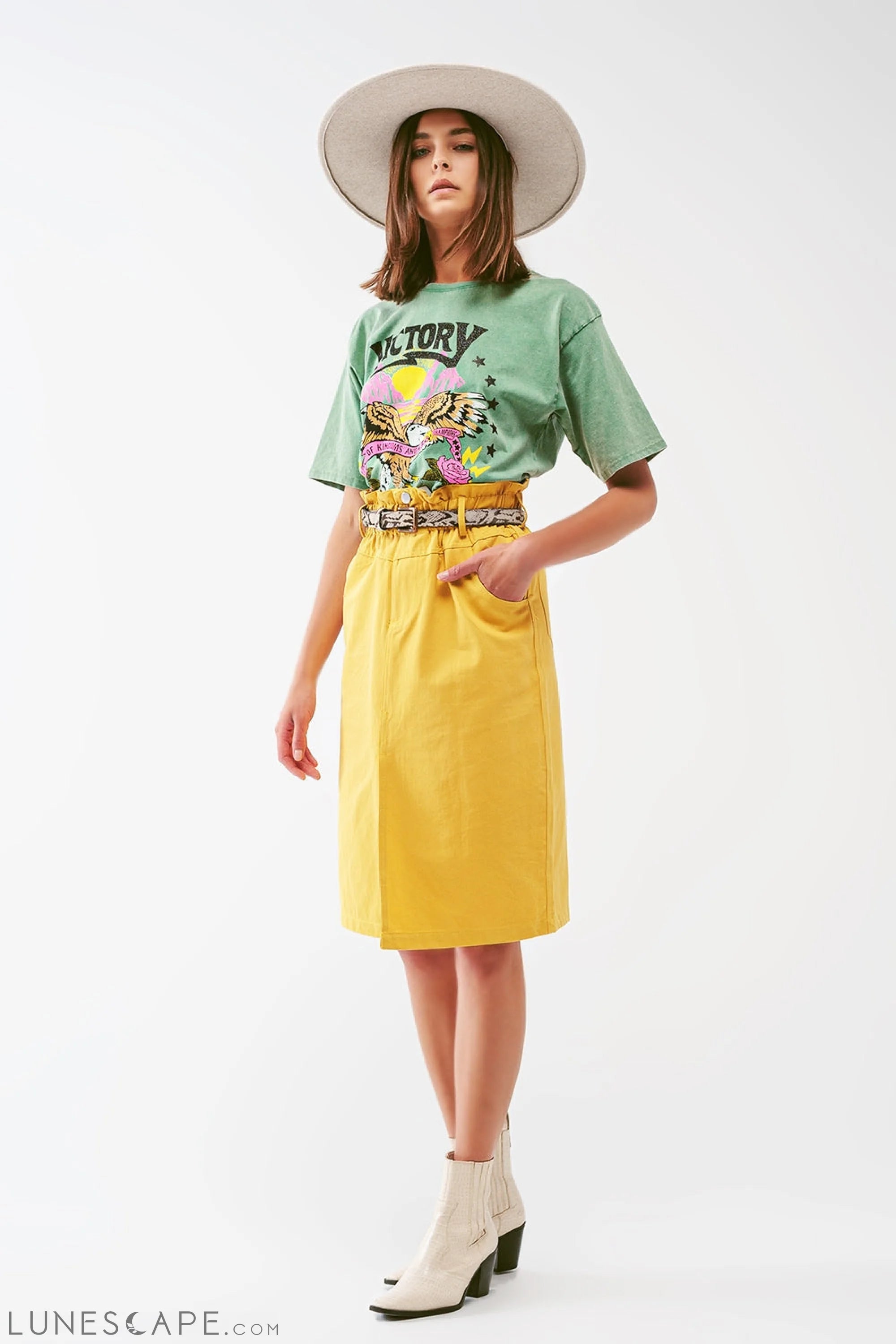 Paper Bag Waist Straight Skirt With Front Slit in Yellow LUNESCAPE