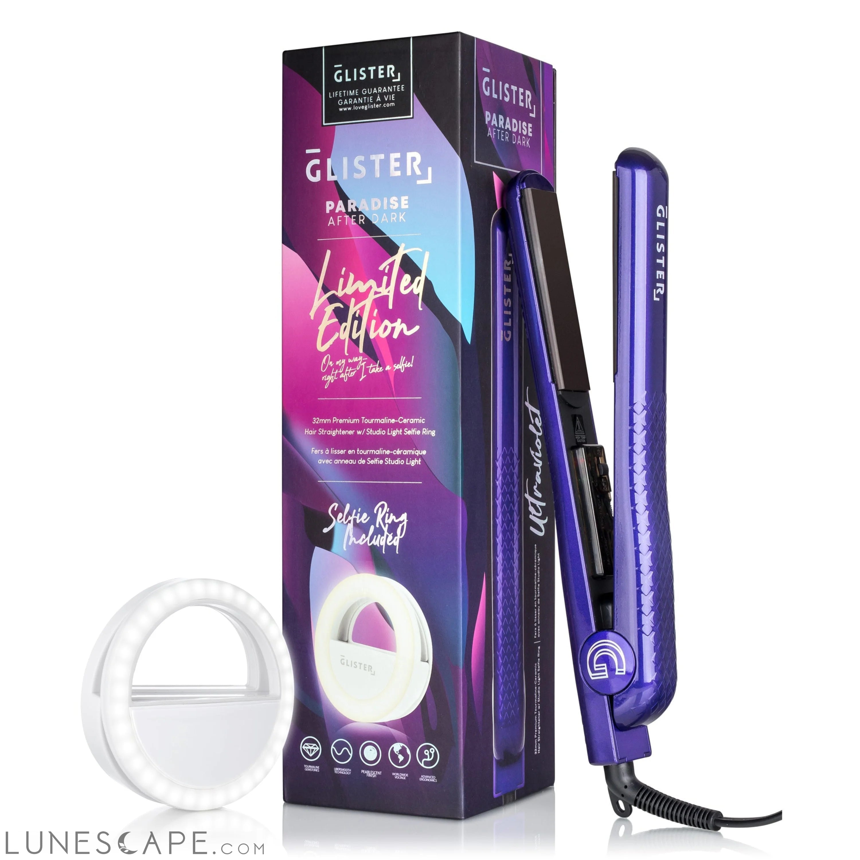 Paradise After Dark Flat Iron (with BONUS Selfie Ring) - Ultraviolet LUNESCAPE