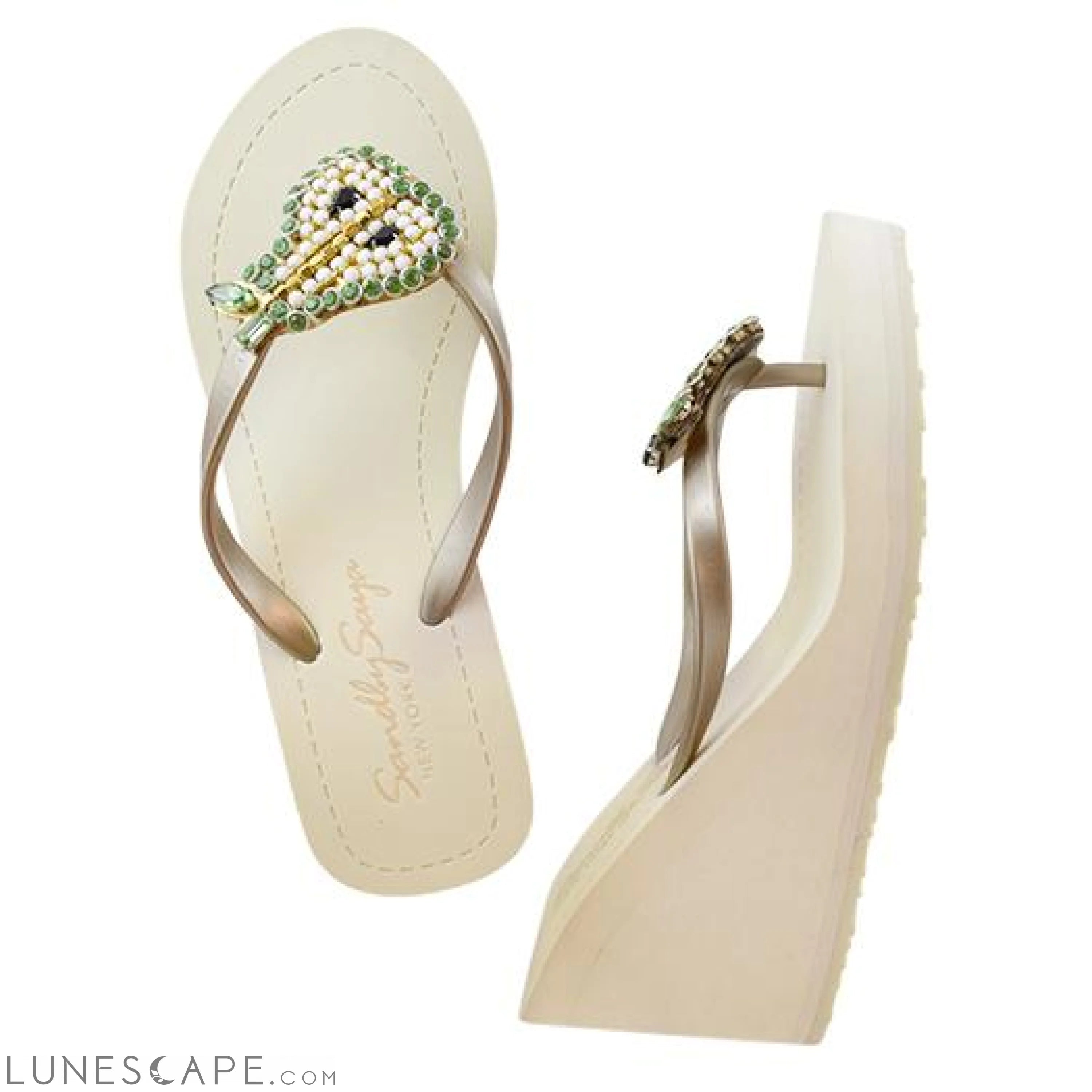Pear - Green Rhine Stone Embellished Women's High Wedge Heel Flip Flops Sandal LUNESCAPE