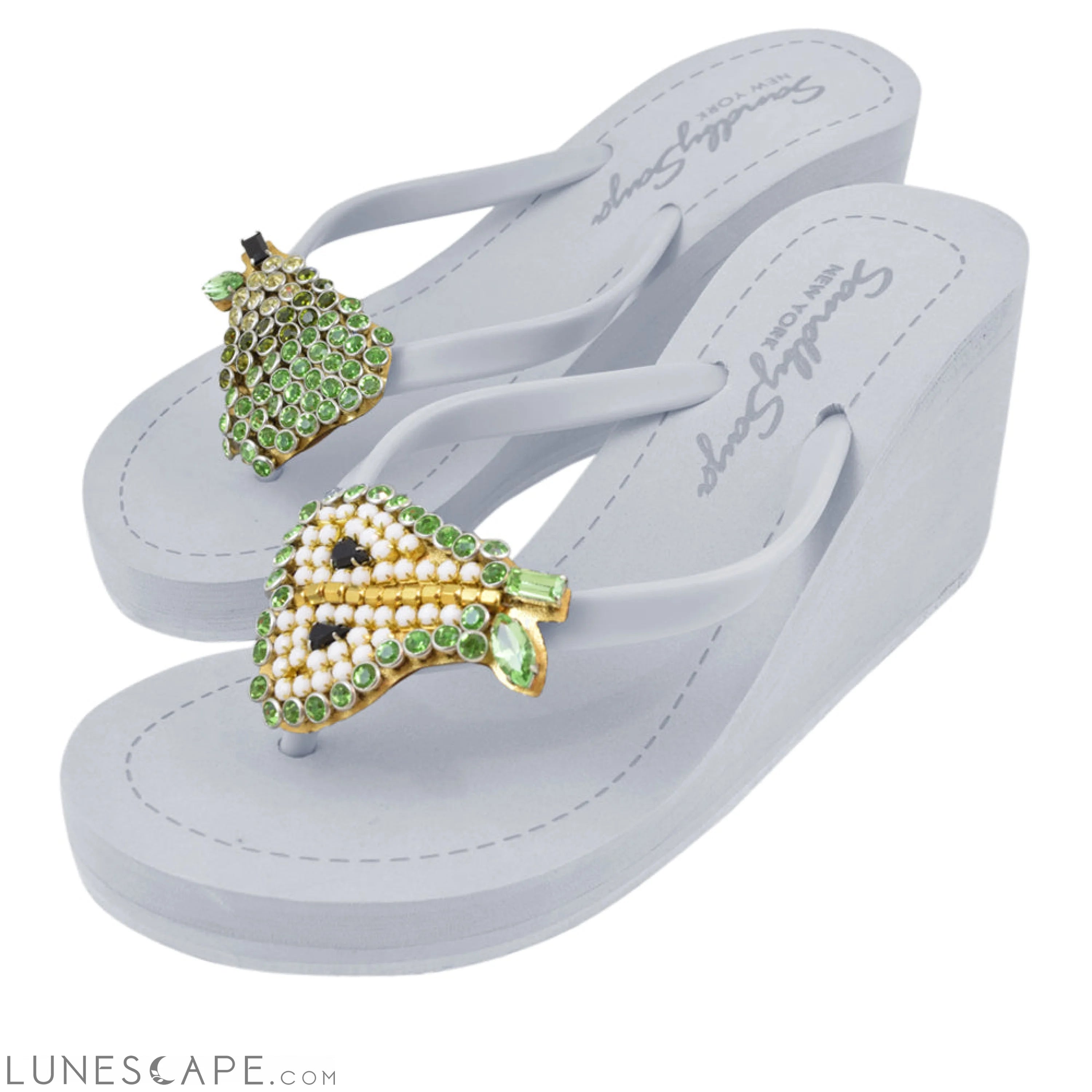 Pear - Green Rhine Stone Embellished Women's High Wedge Heel Flip Flops Sandal LUNESCAPE