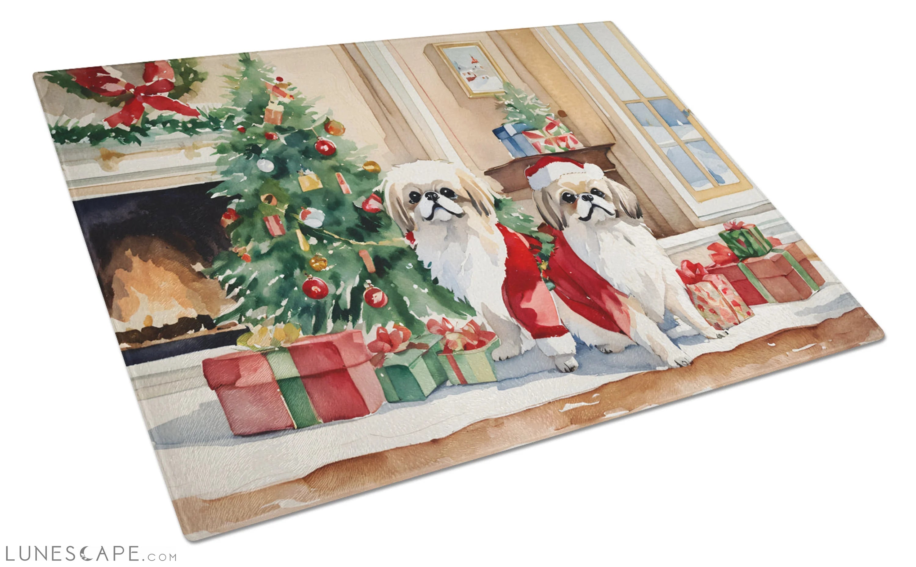 Pekingese Cozy Christmas Glass Cutting Board LUNESCAPE
