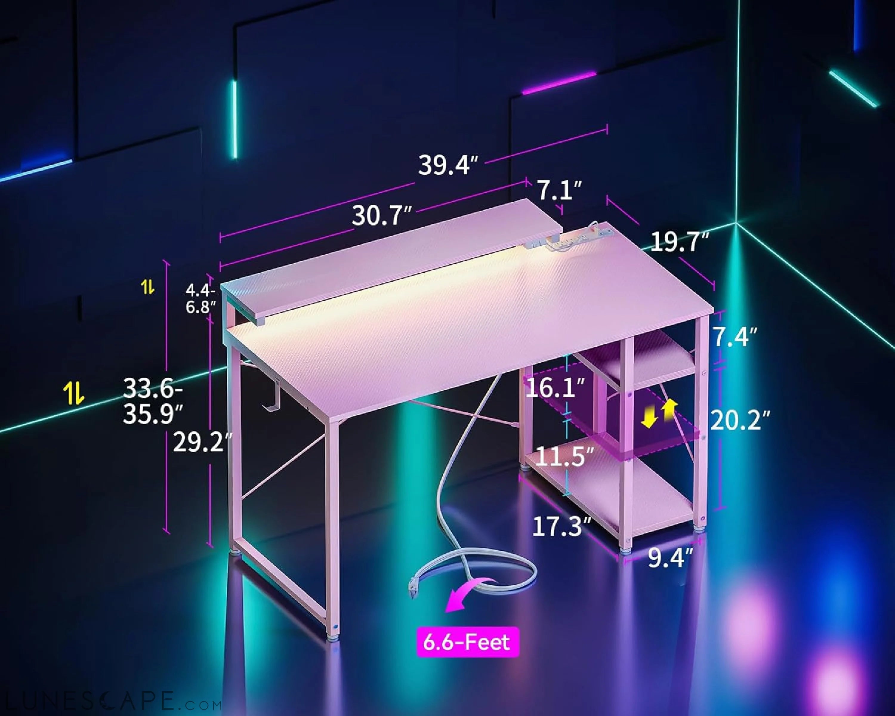 Pink Gaming Desk with Led Lights & Power Outlet, 40 Inch Small Gaming LUNESCAPE