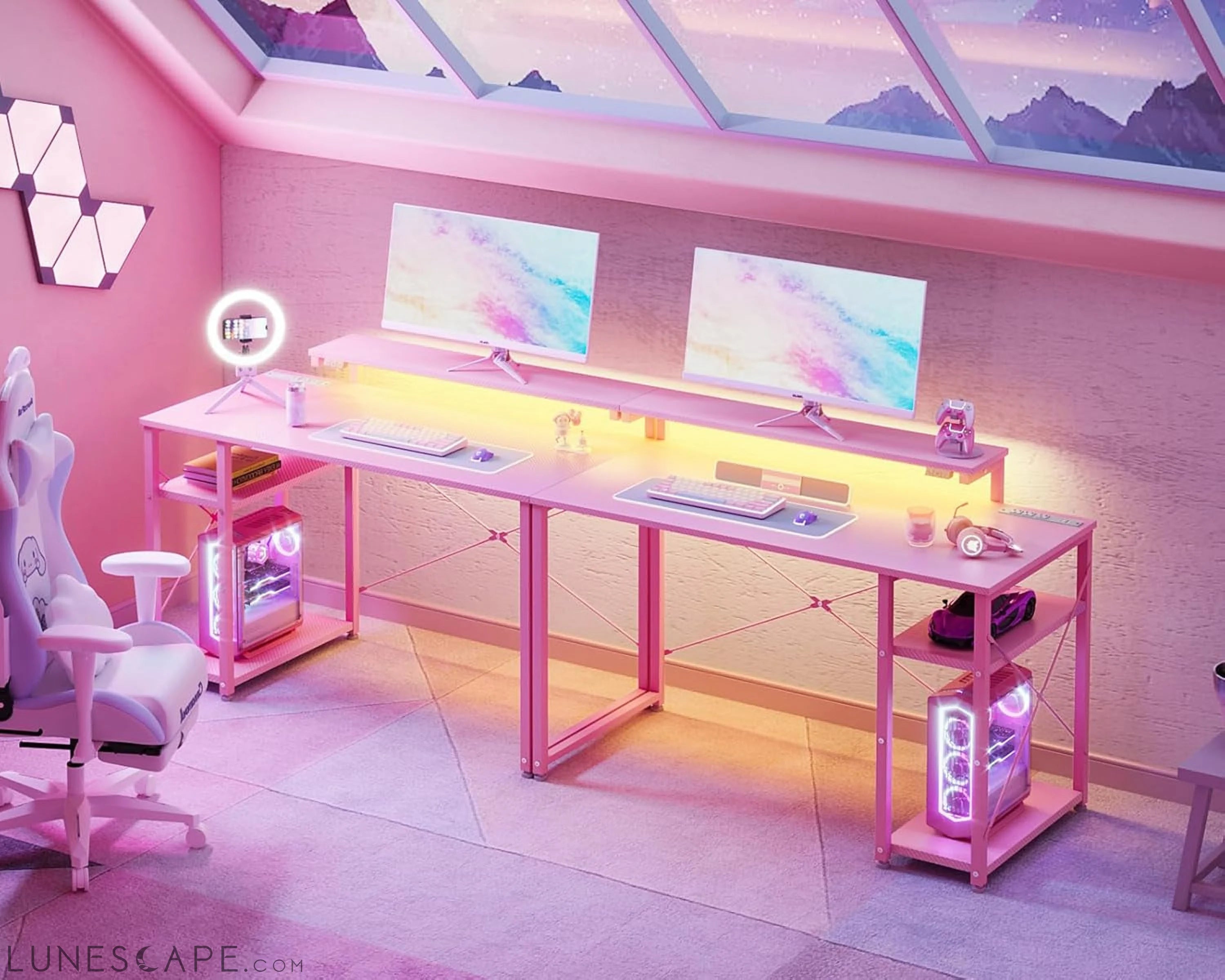 Pink Gaming Desk with Led Lights & Power Outlet, 40 Inch Small Gaming LUNESCAPE