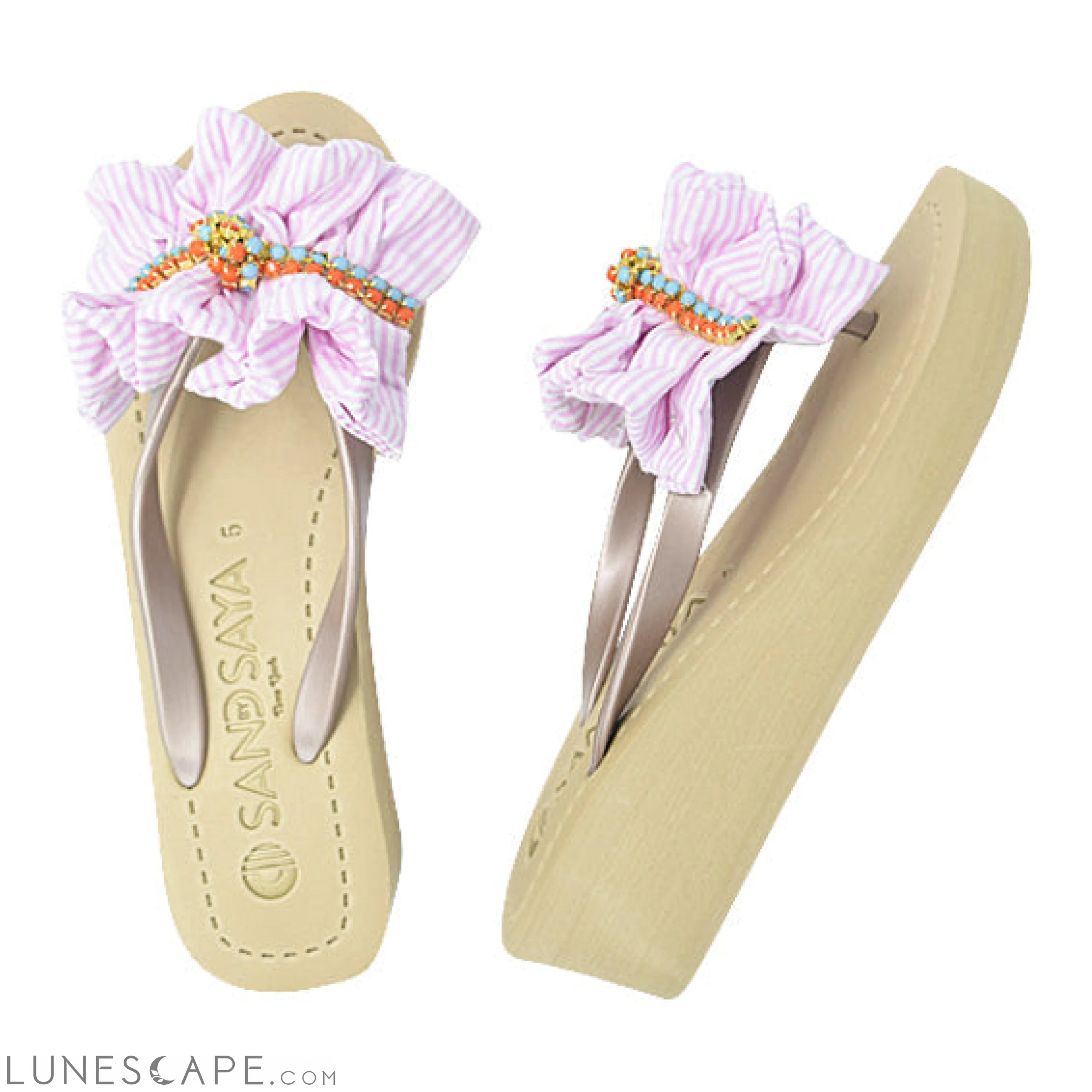 Pink Hudson- Stipe Ruffle Mid Wedge Flip Flops LUNESCAPE