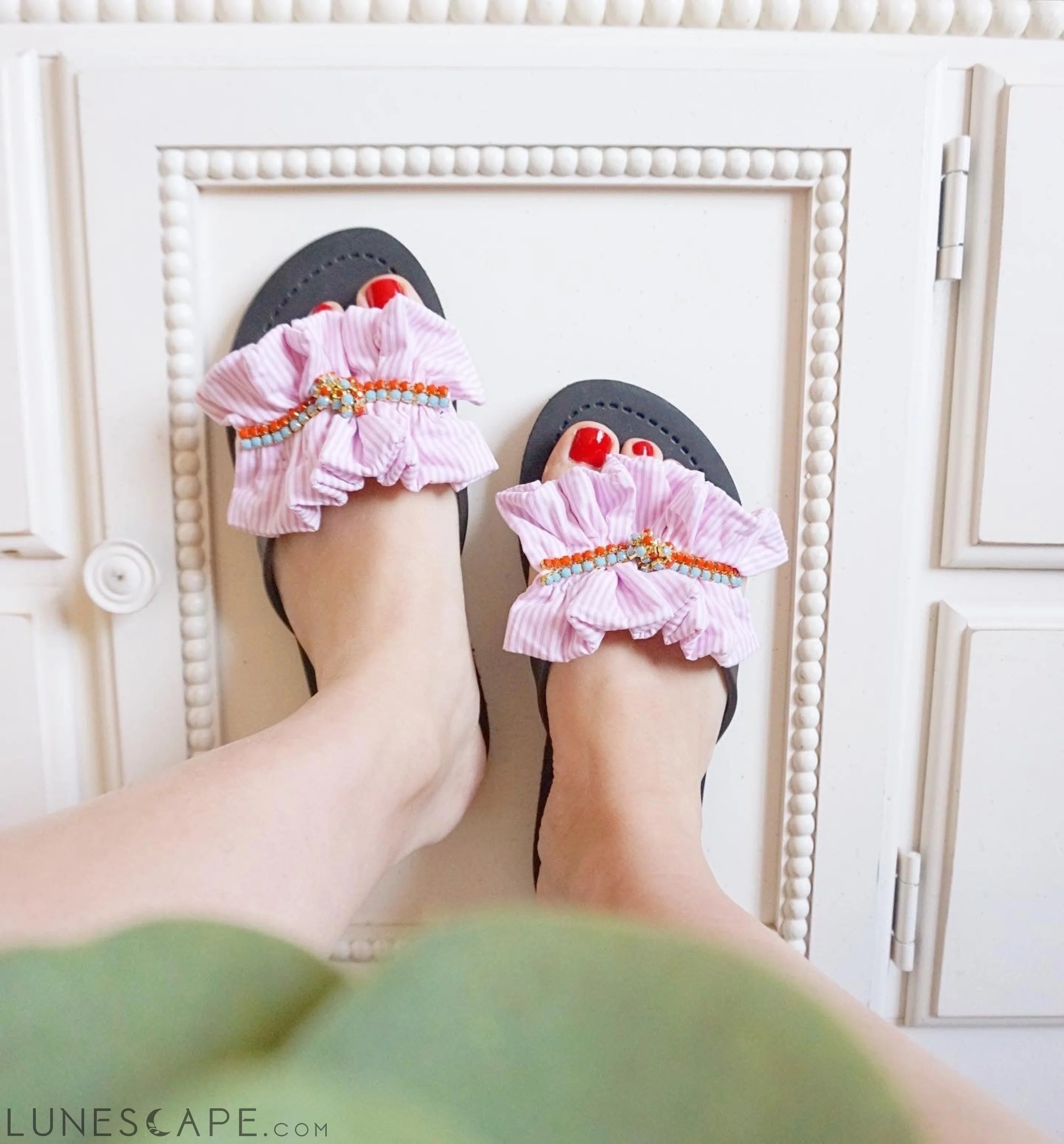 Pink Hudson- Stipe Ruffle Mid Wedge Flip Flops LUNESCAPE