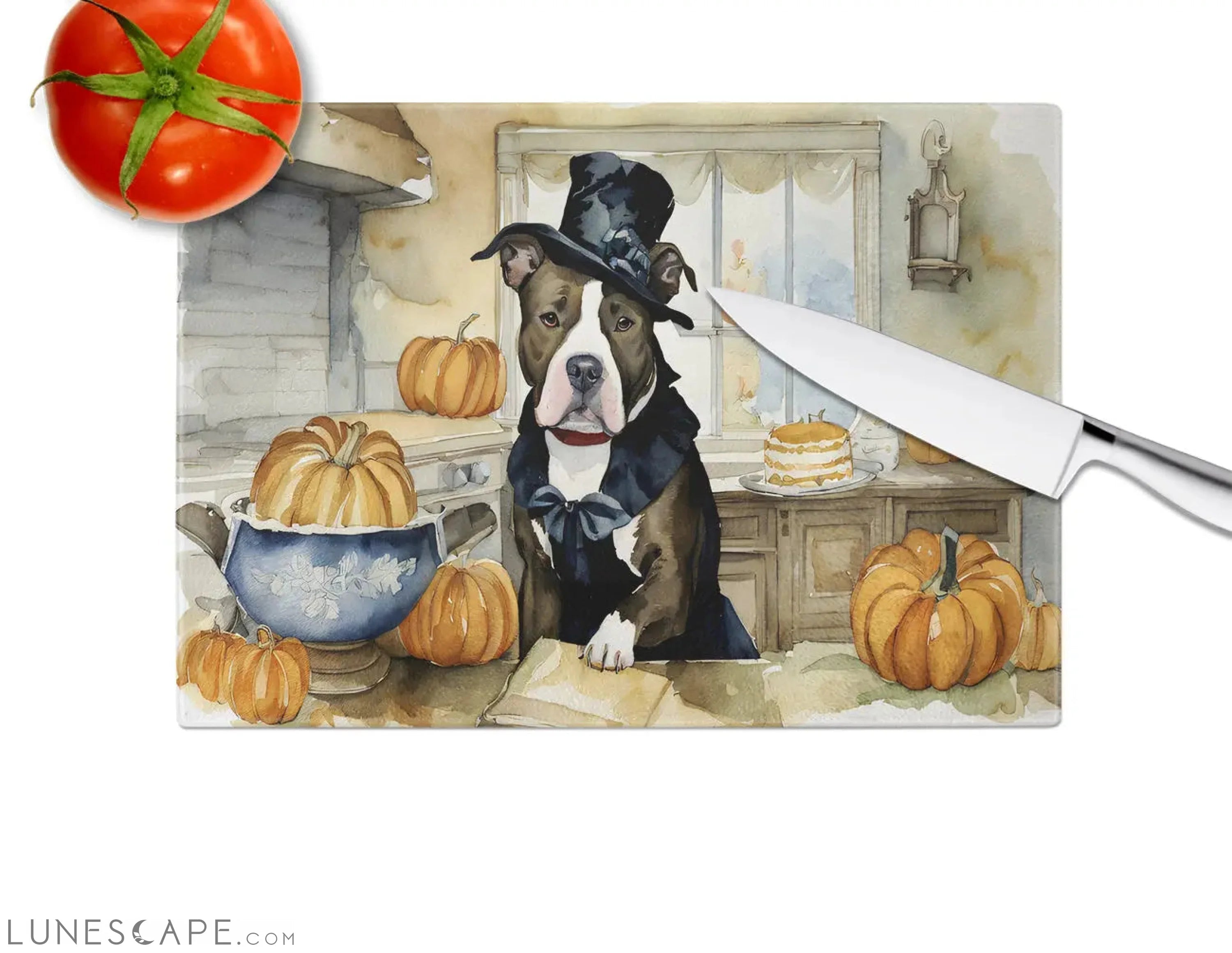 Pit Bull Terrier Thanksgiving Fall Kitchen Pumpkins Glass Cutting Board LUNESCAPE