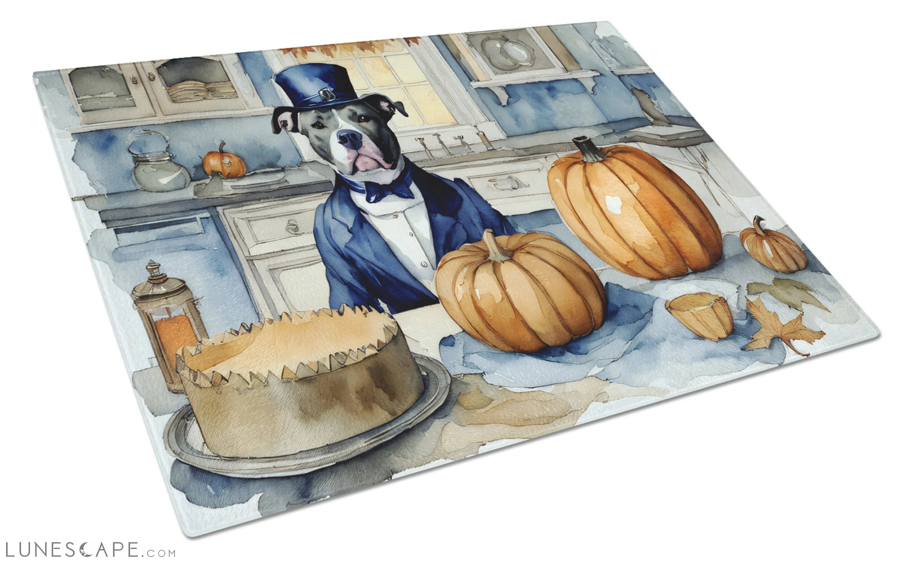 Pit Bull Terrier Thanksgiving Fall Kitchen Pumpkins Glass Cutting Board LUNESCAPE