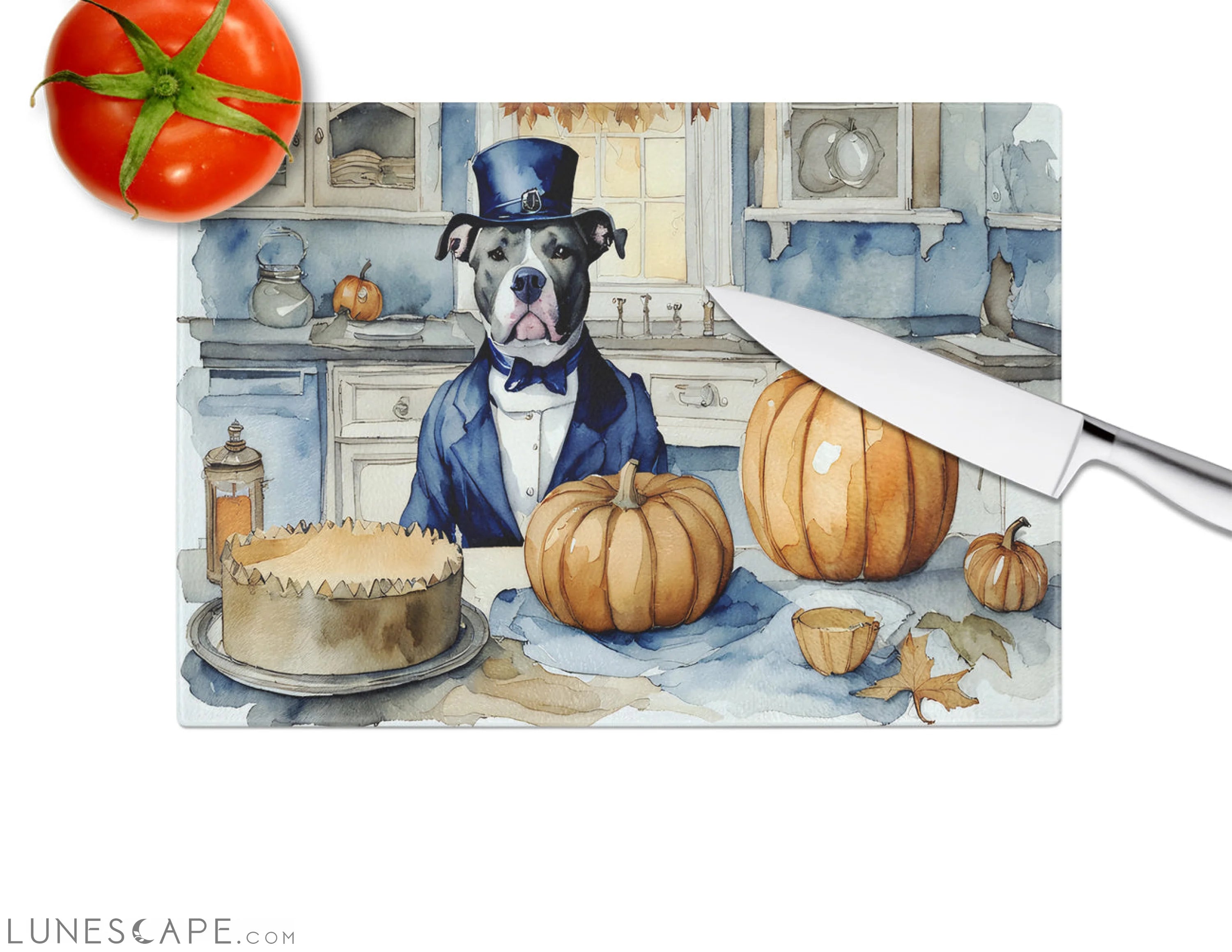 Pit Bull Terrier Thanksgiving Fall Kitchen Pumpkins Glass Cutting Board LUNESCAPE