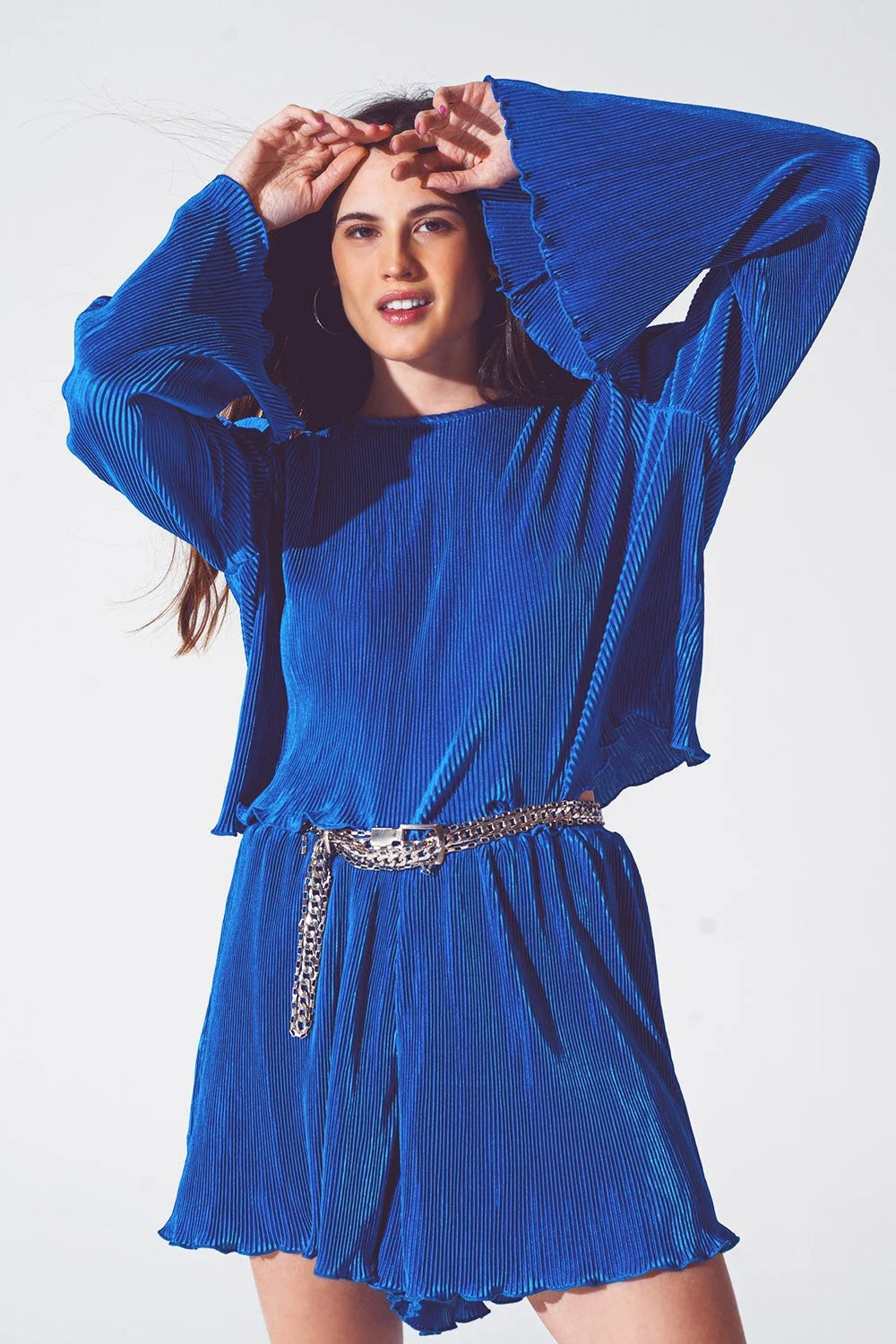 Pleated Round Neck Crop Top in Blue LUNESCAPE