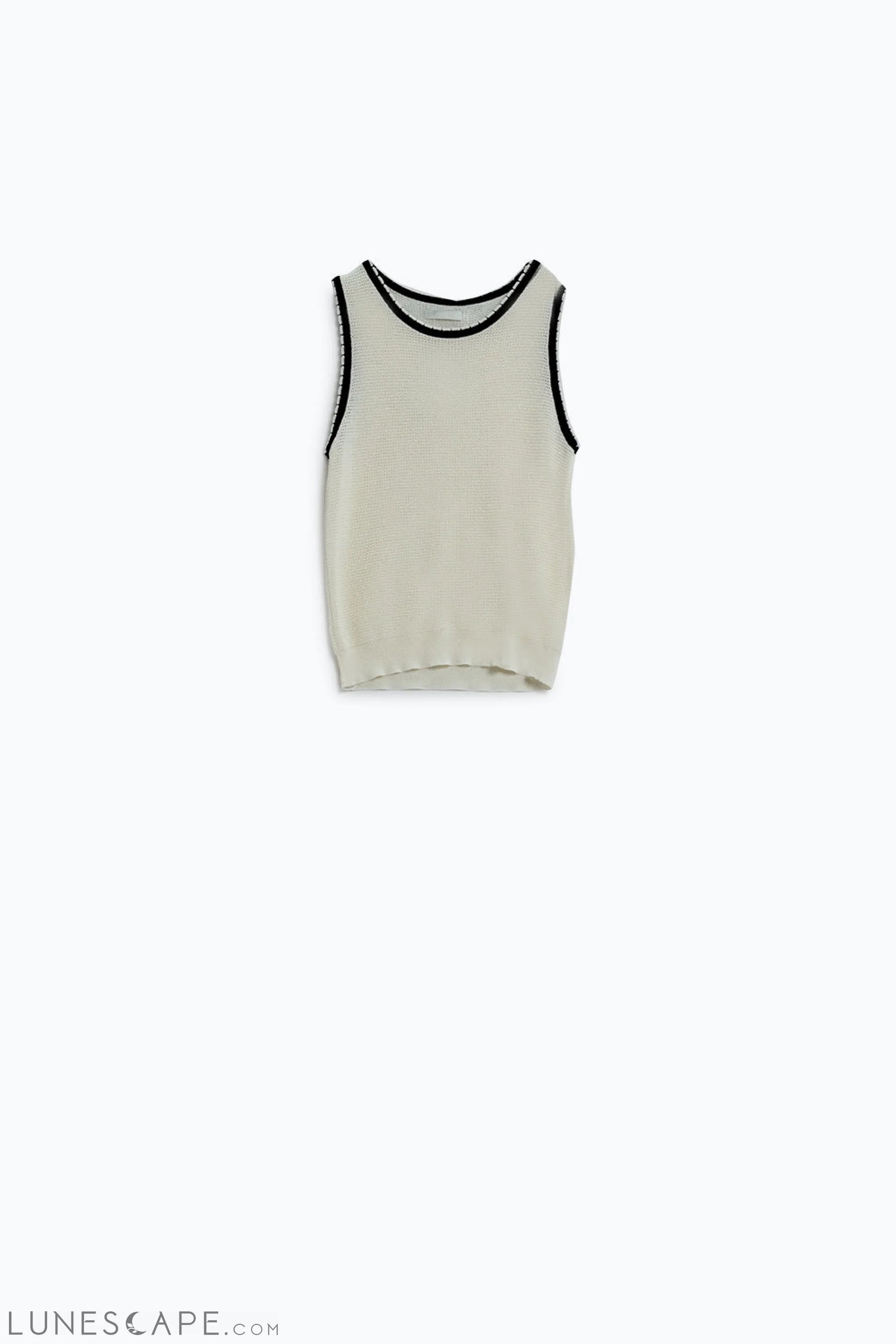 Pointelle White Sleeveless Top With Black and White Trim Detail LUNESCAPE