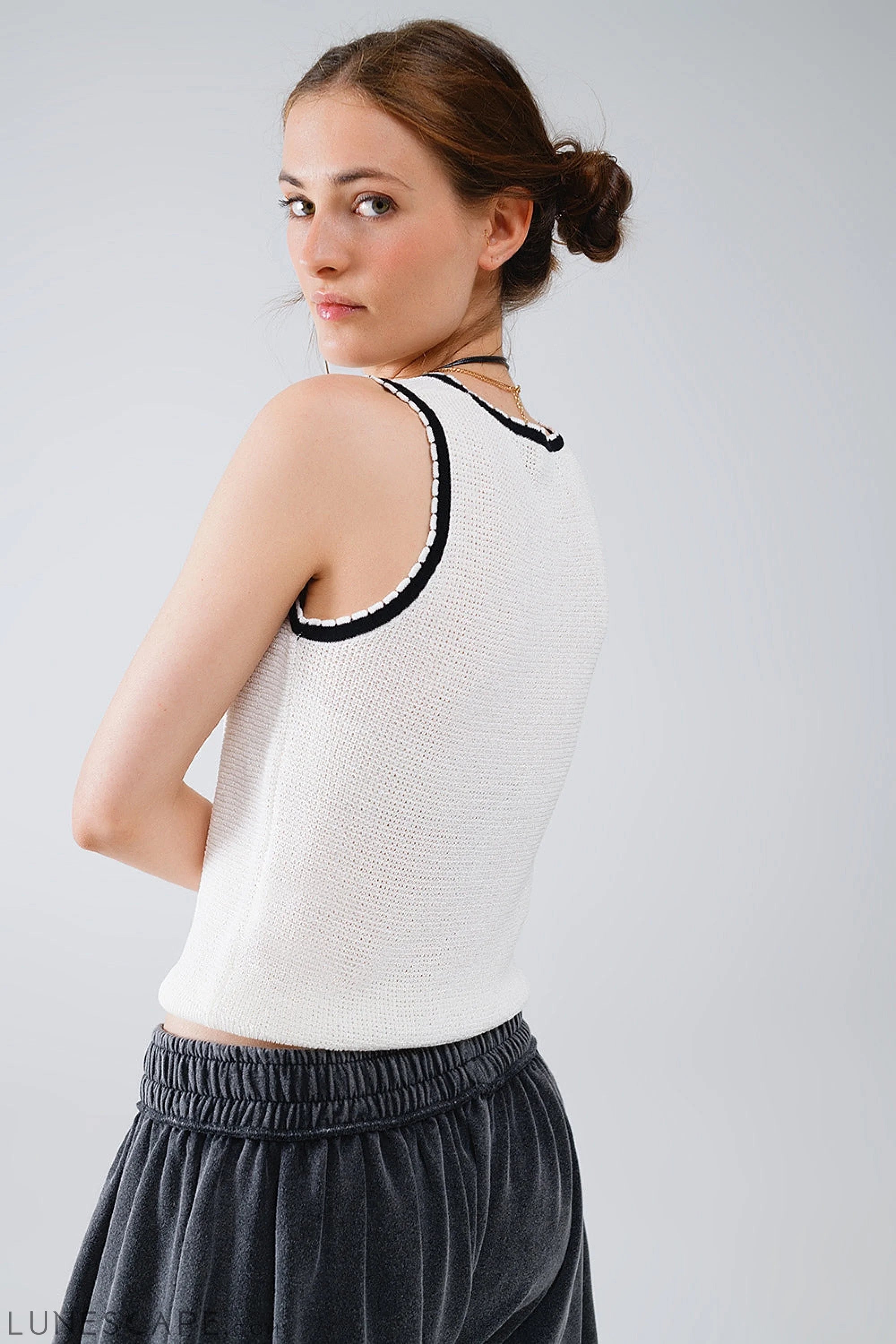 Pointelle White Sleeveless Top With Black and White Trim Detail LUNESCAPE