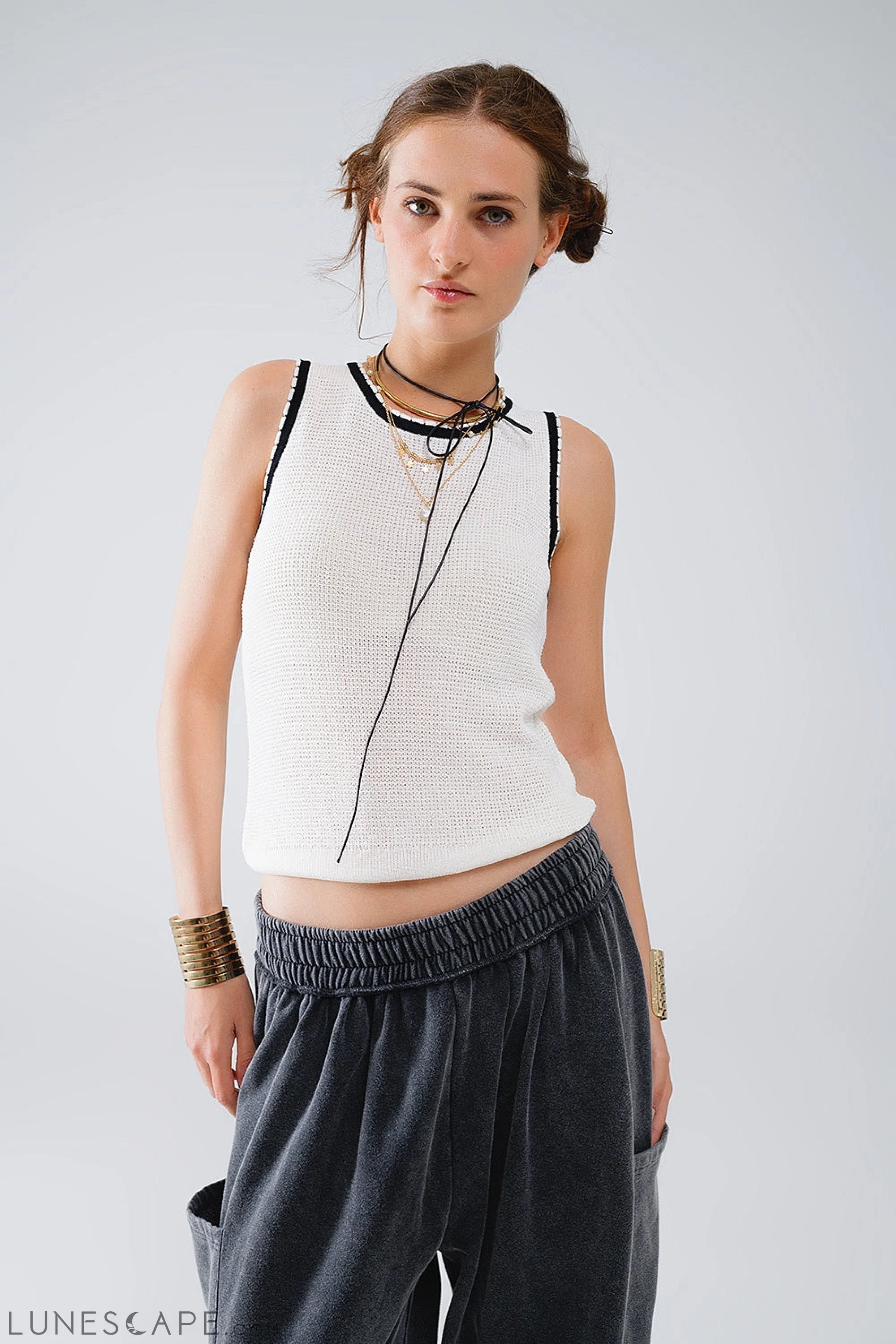 Pointelle White Sleeveless Top With Black and White Trim Detail LUNESCAPE
