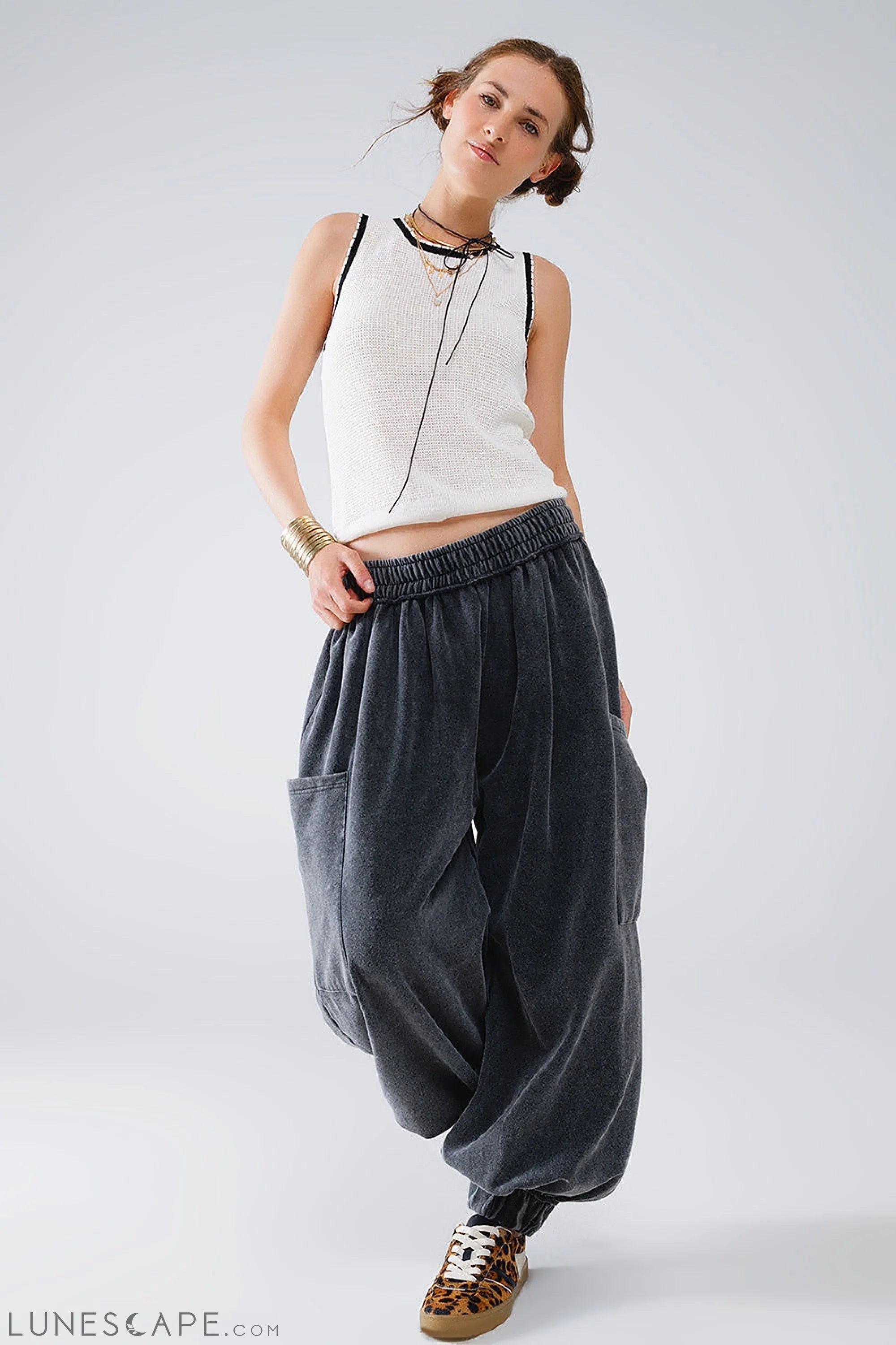 Pointelle White Sleeveless Top With Black and White Trim Detail LUNESCAPE