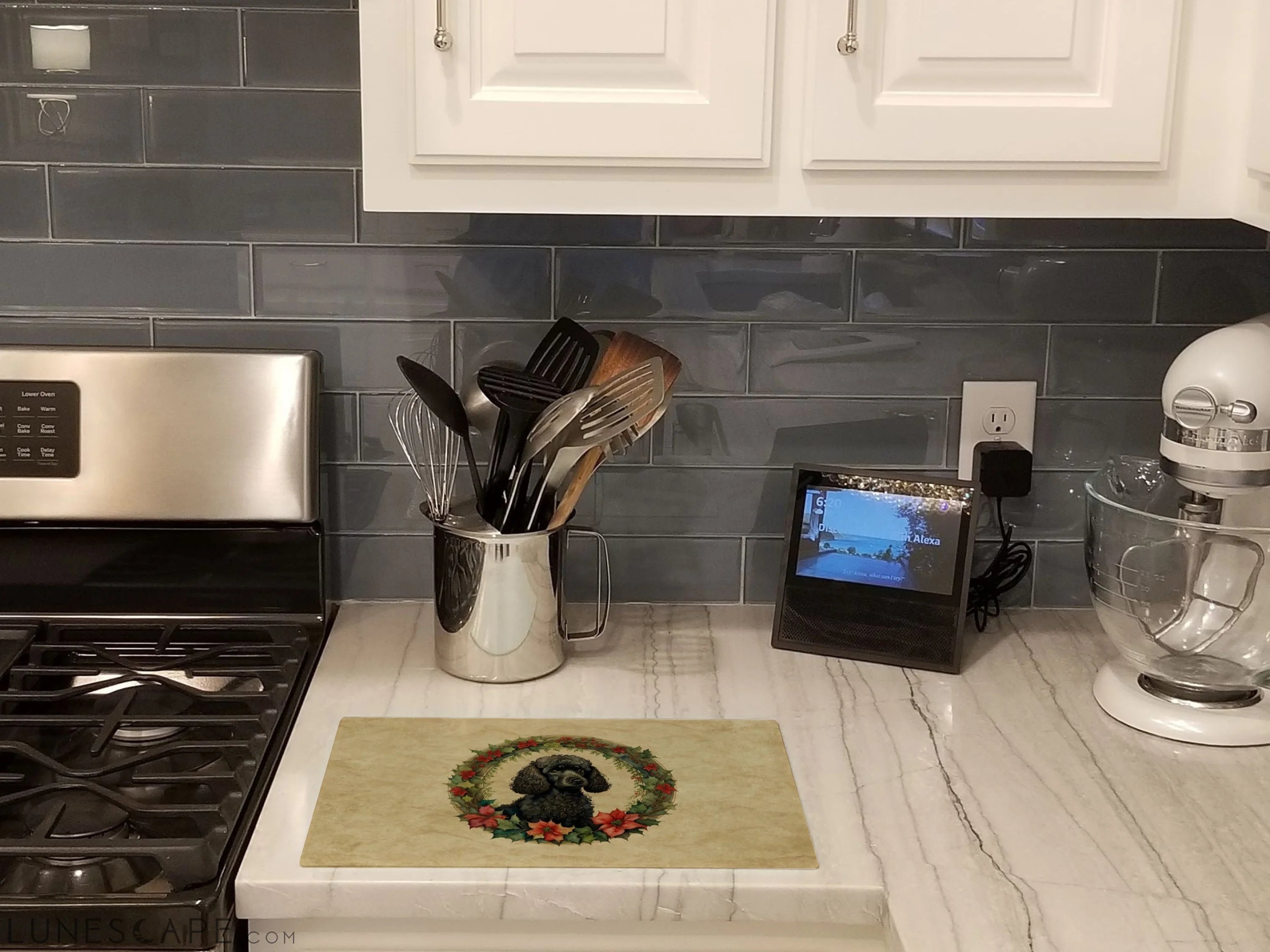 Poodle Christmas Flowers Glass Cutting Board LUNESCAPE