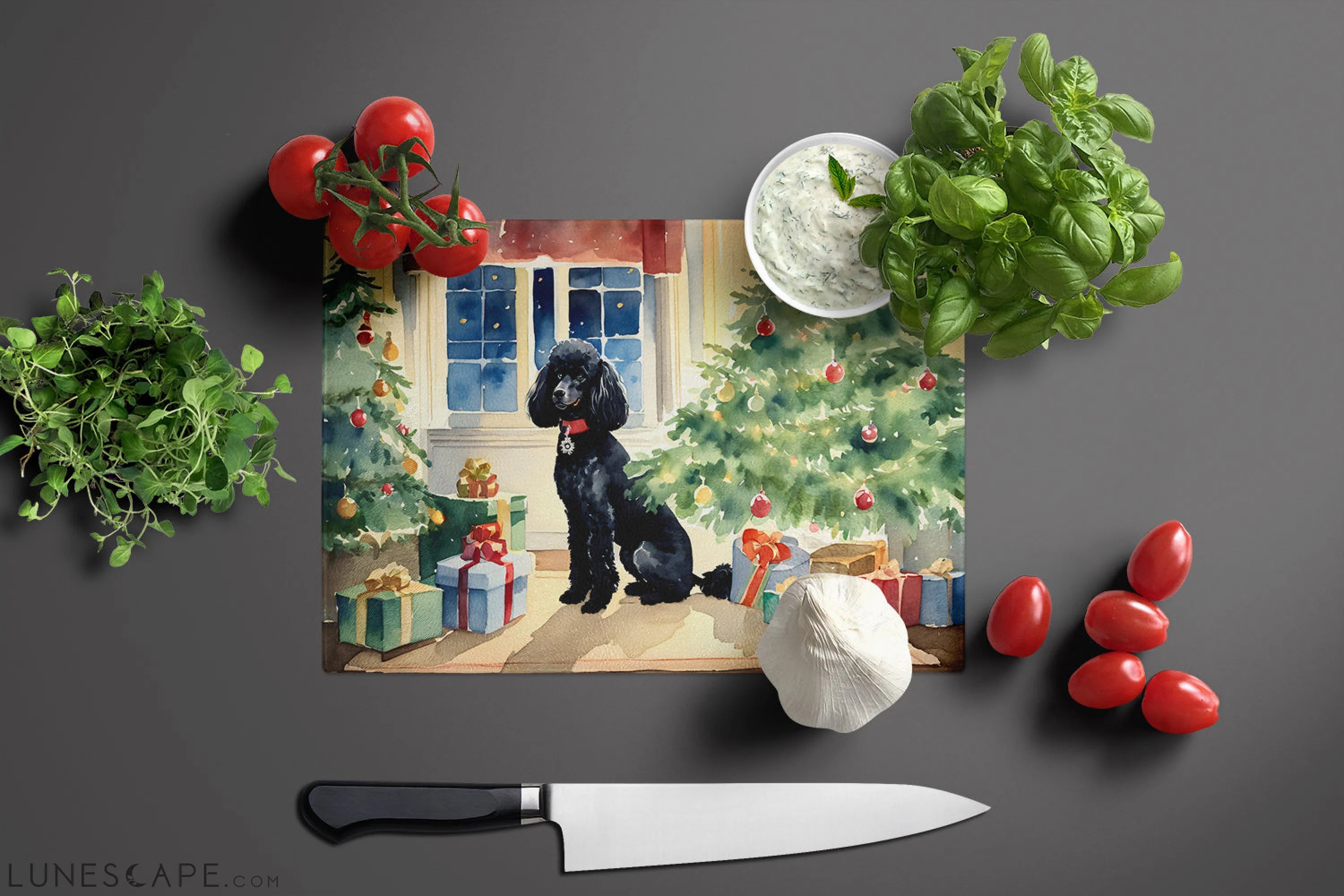 Poodle Cozy Christmas Glass Cutting Board LUNESCAPE